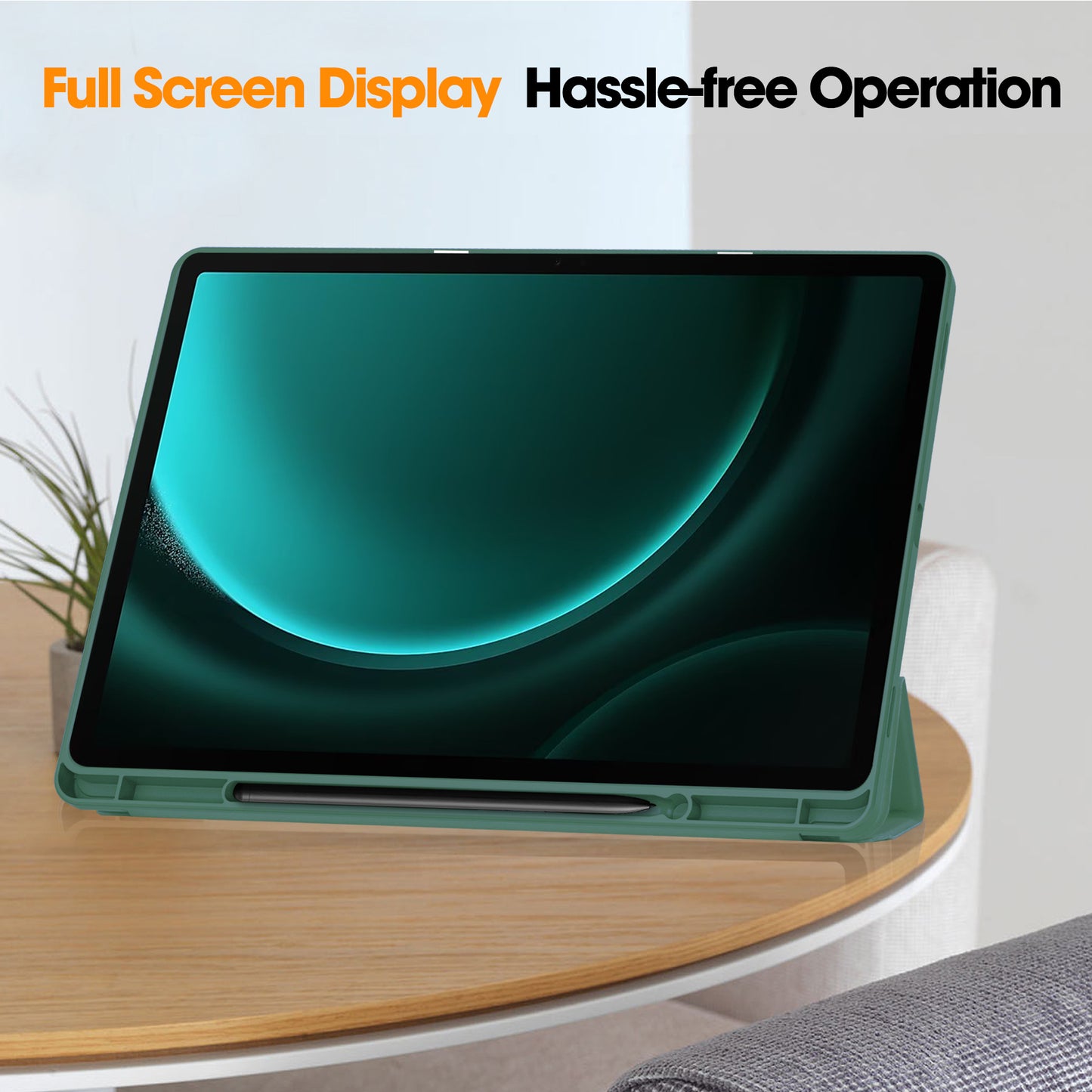 For Samsung Galaxy Tab S9 FE+ Case Tri-fold Stand Pen Slot Tablet Leather Cover - Blackish Green