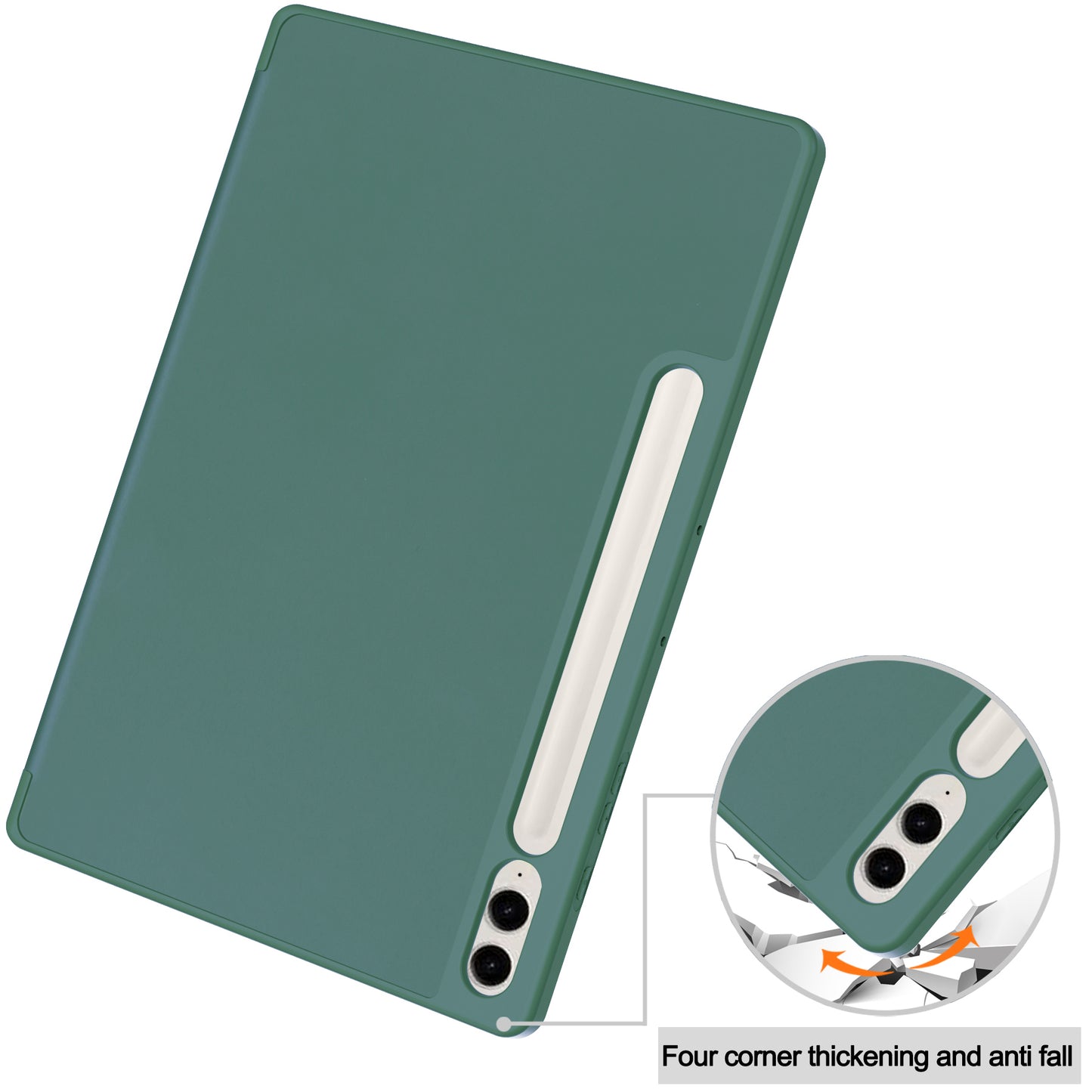 For Samsung Galaxy Tab S9 FE+ Case Tri-fold Stand Pen Slot Tablet Leather Cover - Blackish Green