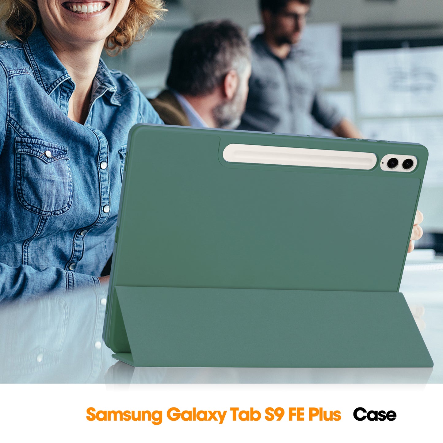 For Samsung Galaxy Tab S9 FE+ Case Tri-fold Stand Pen Slot Tablet Leather Cover - Blackish Green
