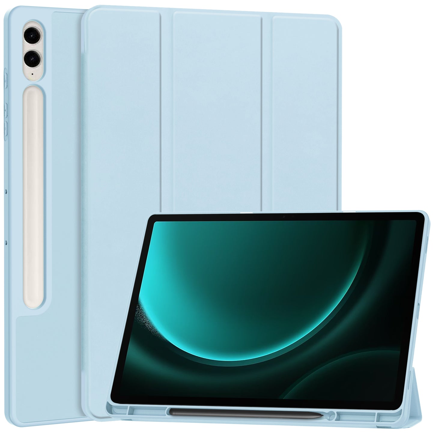 For Samsung Galaxy Tab S9 FE+ Case Tri-fold Stand Pen Slot Tablet Leather Cover - Sky Blue