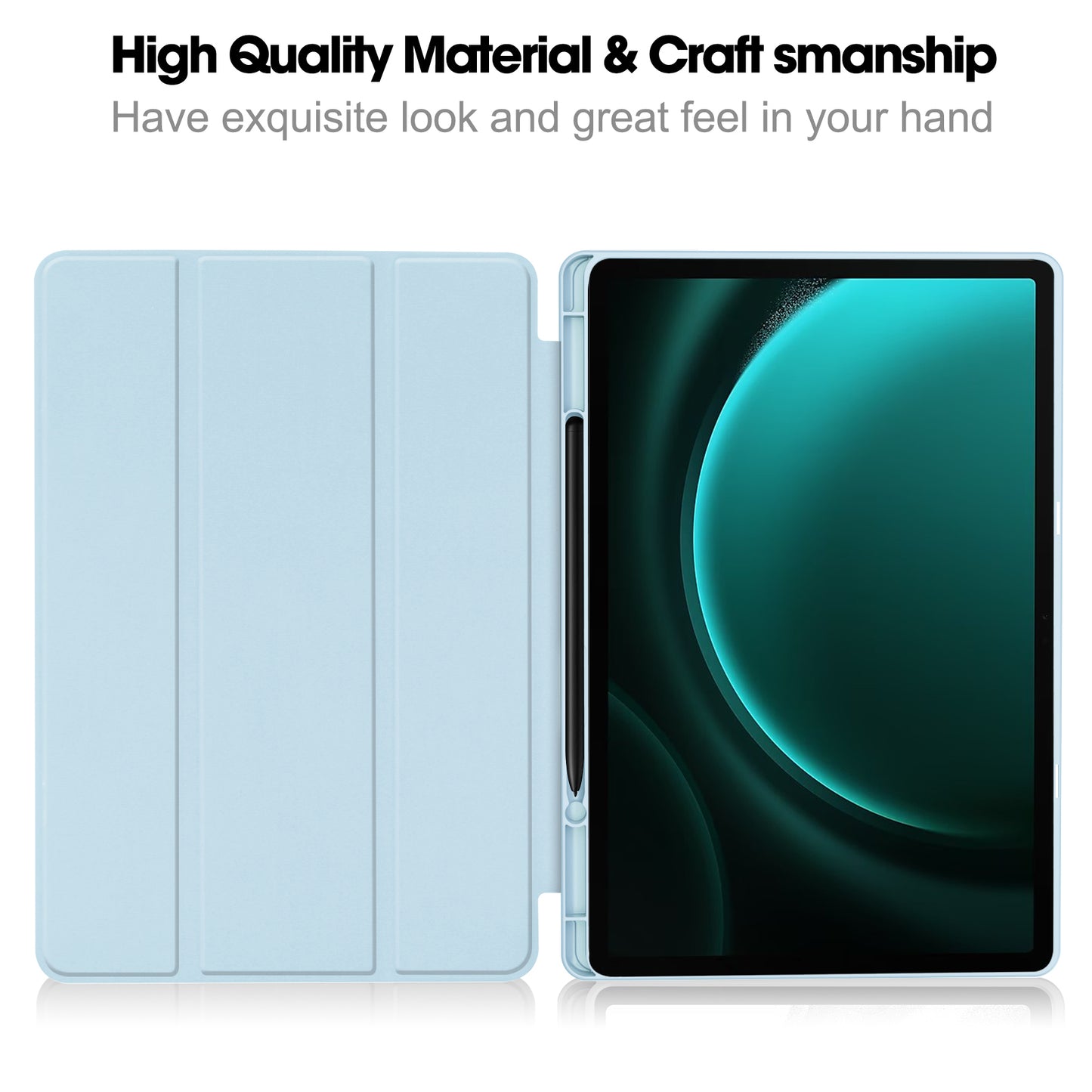 For Samsung Galaxy Tab S9 FE+ Case Tri-fold Stand Pen Slot Tablet Leather Cover - Sky Blue