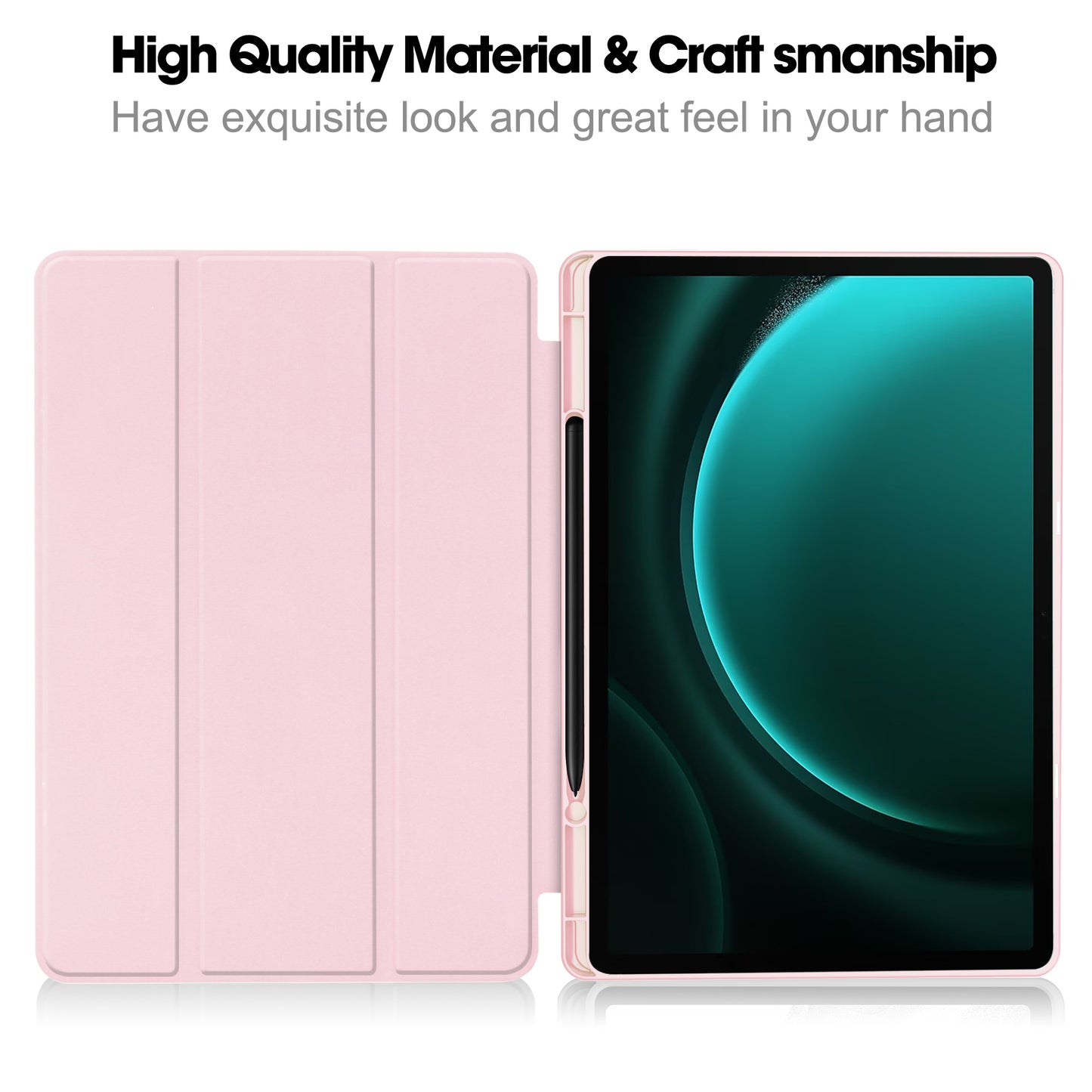 For Samsung Galaxy Tab S9 FE+ Case Tri-fold Stand Pen Slot Tablet Leather Cover - Pink