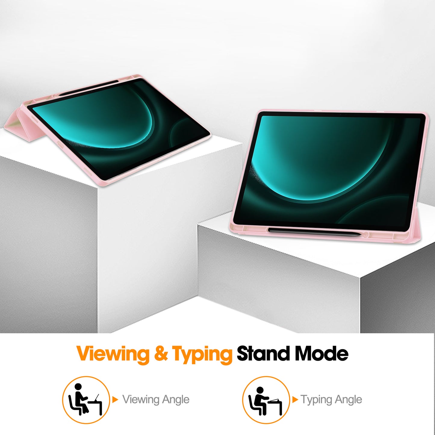 For Samsung Galaxy Tab S9 FE+ Case Tri-fold Stand Pen Slot Tablet Leather Cover - Pink