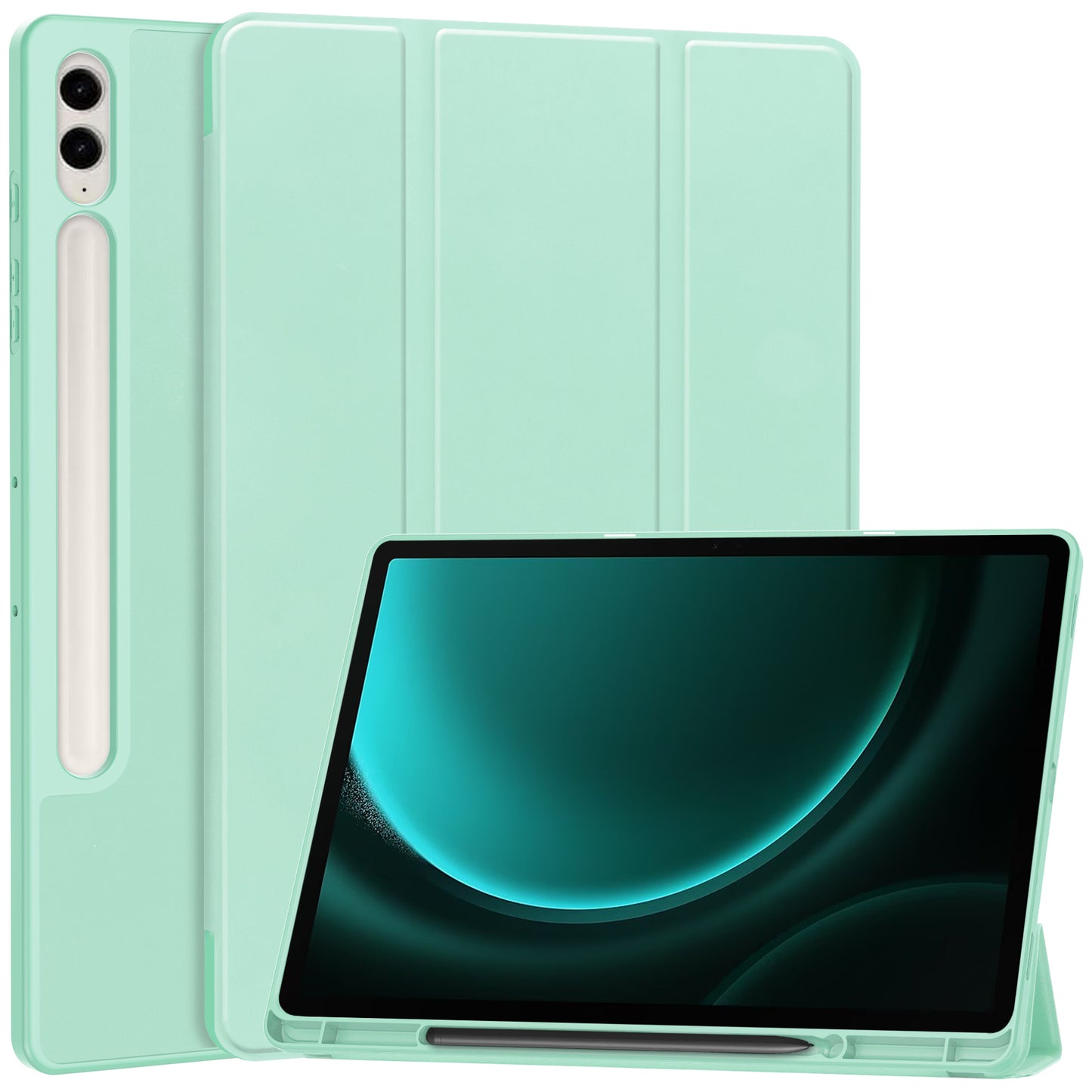 For Samsung Galaxy Tab S9 FE+ Case Tri-fold Stand Pen Slot Tablet Leather Cover - Mint Green