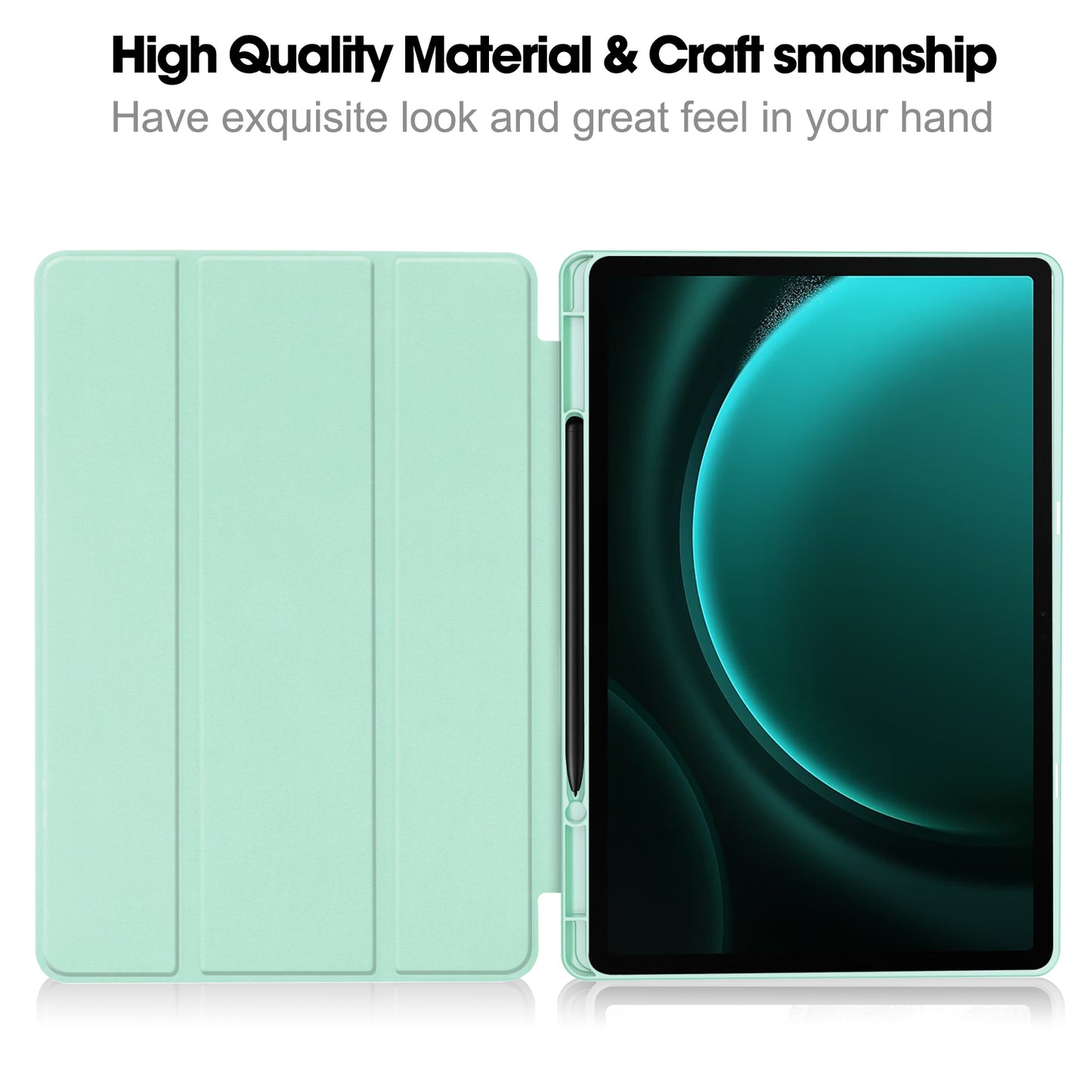 For Samsung Galaxy Tab S9 FE+ Case Tri-fold Stand Pen Slot Tablet Leather Cover - Mint Green