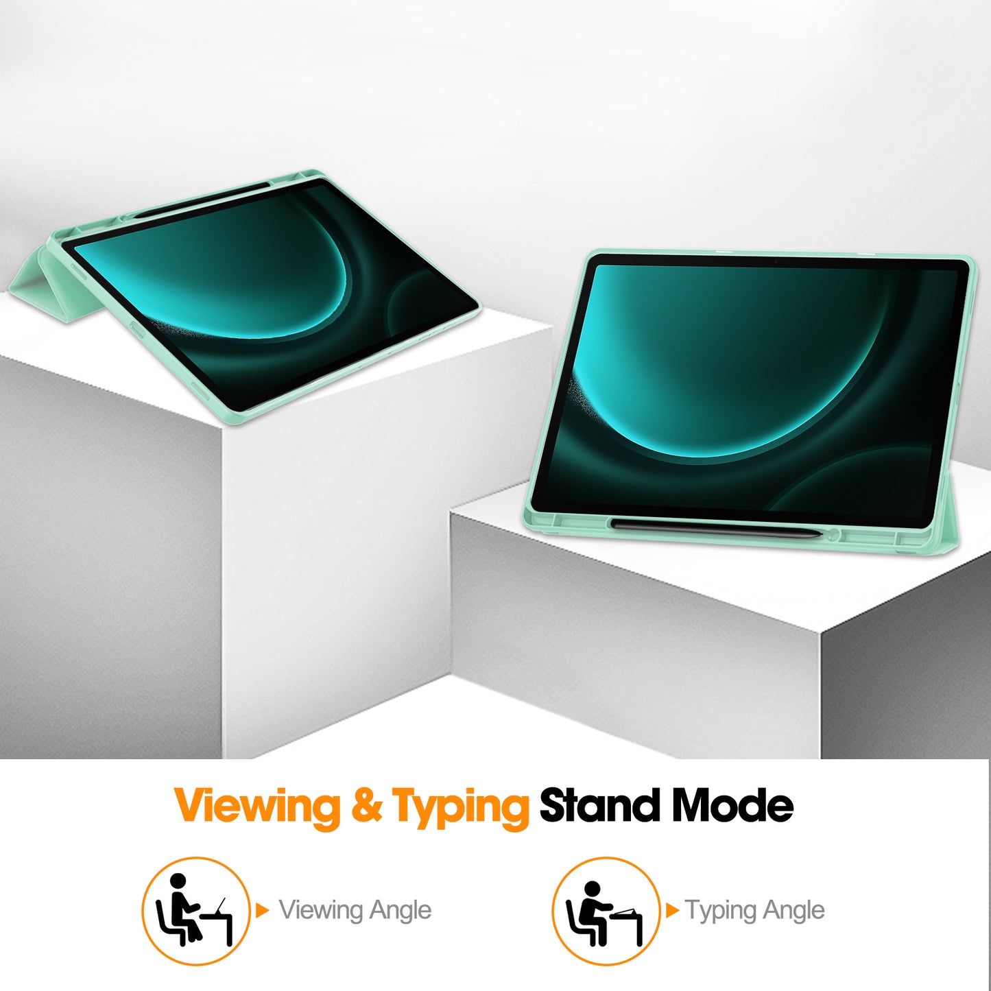 For Samsung Galaxy Tab S9 FE+ Case Tri-fold Stand Pen Slot Tablet Leather Cover - Mint Green