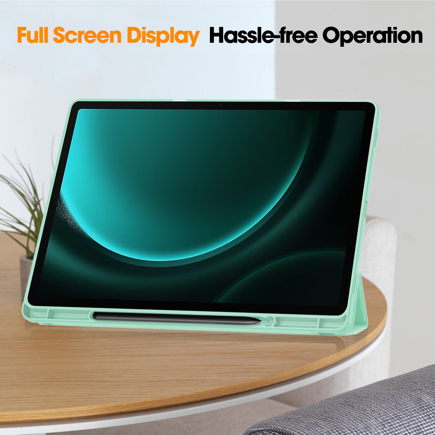 For Samsung Galaxy Tab S9 FE+ Case Tri-fold Stand Pen Slot Tablet Leather Cover - Mint Green