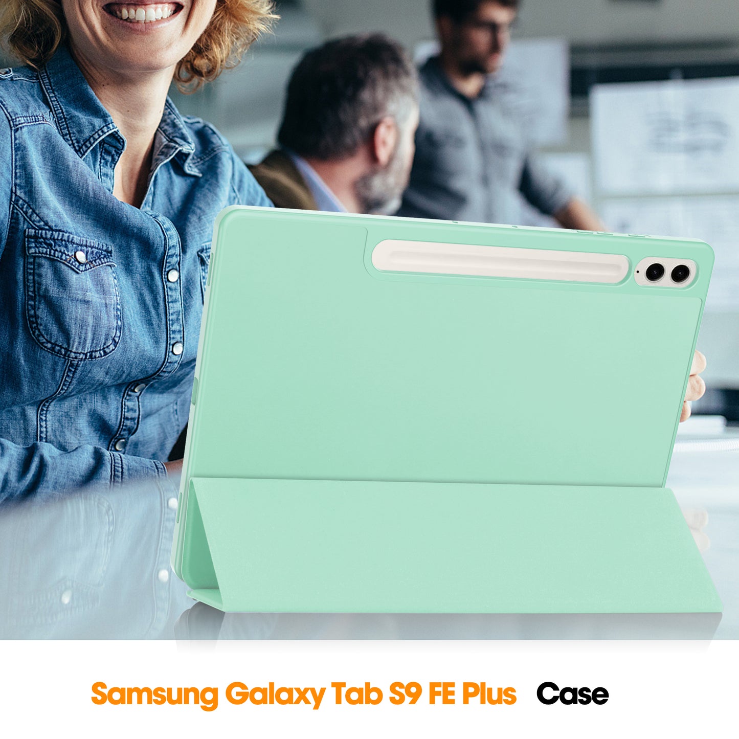 For Samsung Galaxy Tab S9 FE+ Case Tri-fold Stand Pen Slot Tablet Leather Cover - Mint Green