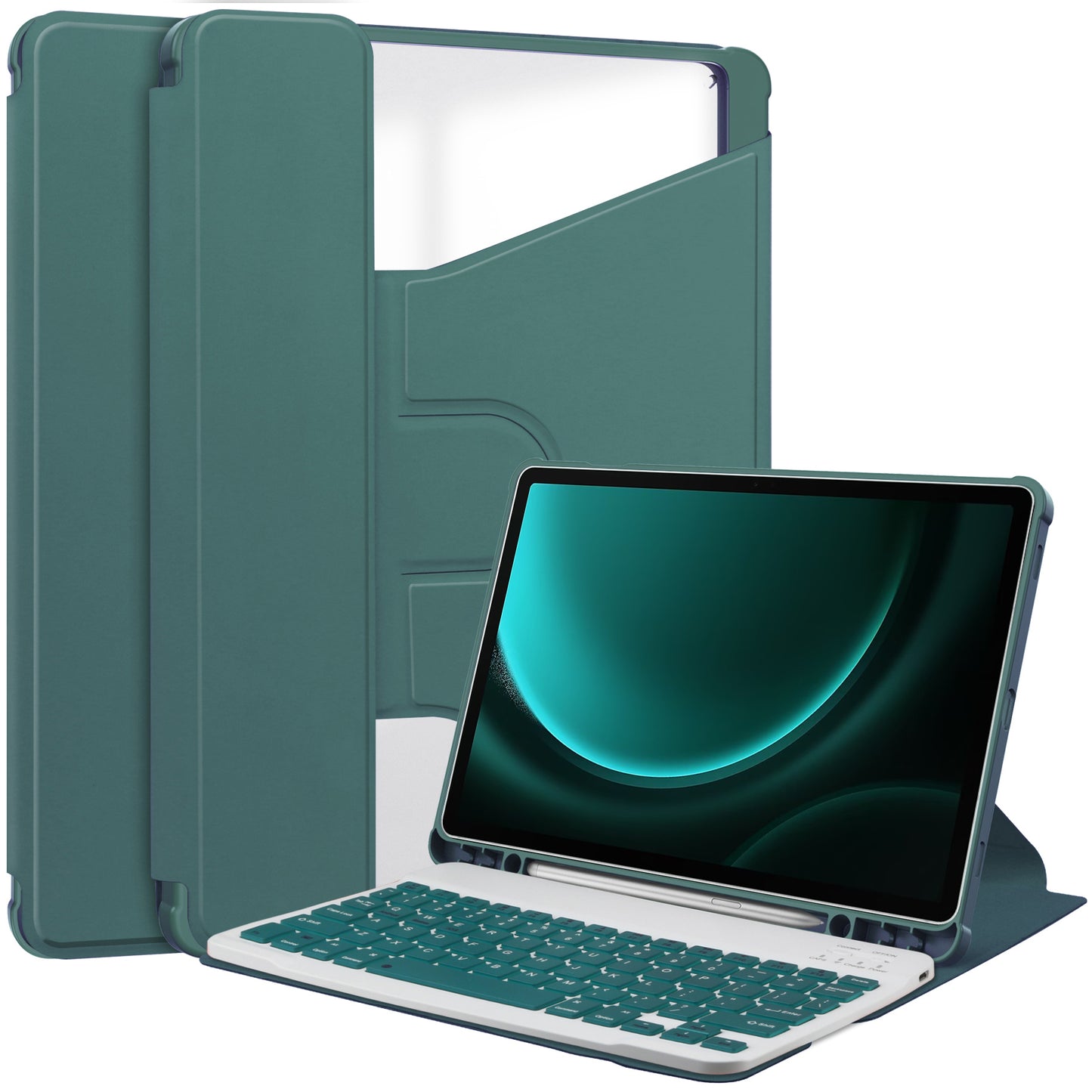 For Samsung Galaxy Tab S9 FE+ Case with Bluetooth Keyboard Rotary Stand Tablet Cover - Blackish Green