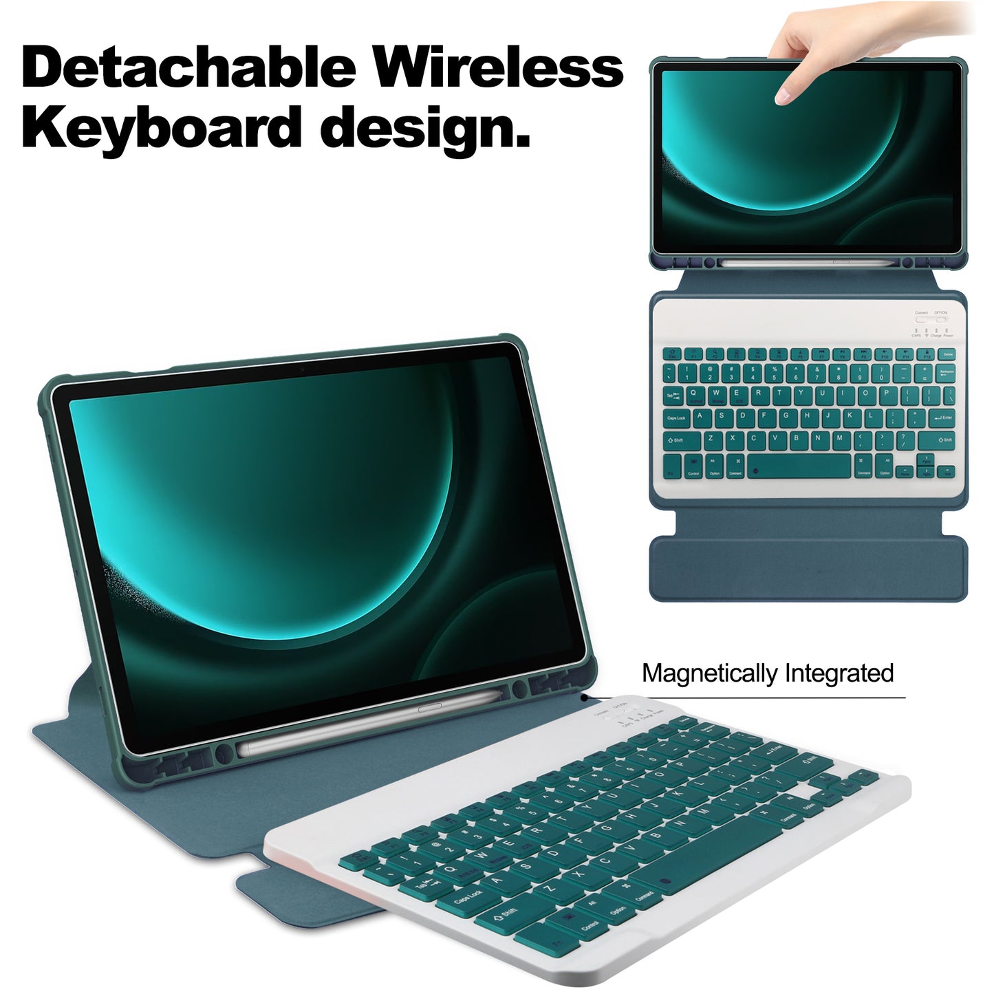 For Samsung Galaxy Tab S9 FE+ Case with Bluetooth Keyboard Rotary Stand Tablet Cover - Blackish Green