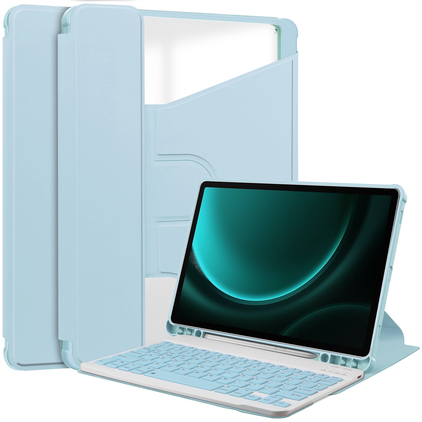 For Samsung Galaxy Tab S9 FE+ Case with Bluetooth Keyboard Rotary Stand Tablet Cover - Sky Blue