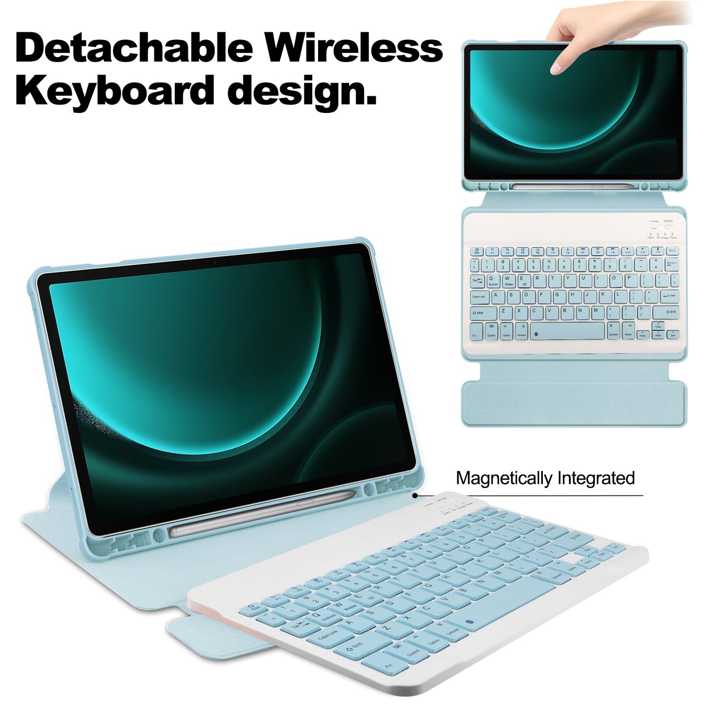 For Samsung Galaxy Tab S9 FE+ Case with Bluetooth Keyboard Rotary Stand Tablet Cover - Sky Blue