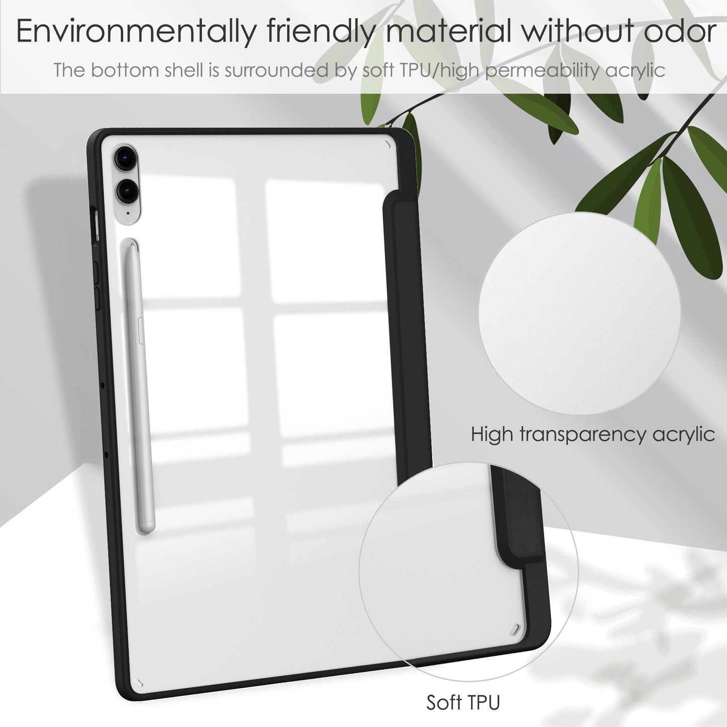 For Samsung Galaxy Tab S9 FE+ Clear Case Pen Slot Tablet Tri-fold Stand Cover - Black