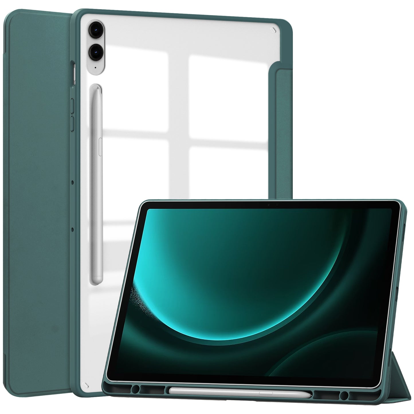 For Samsung Galaxy Tab S9 FE+ Clear Case Pen Slot Tablet Tri-fold Stand Cover - Green