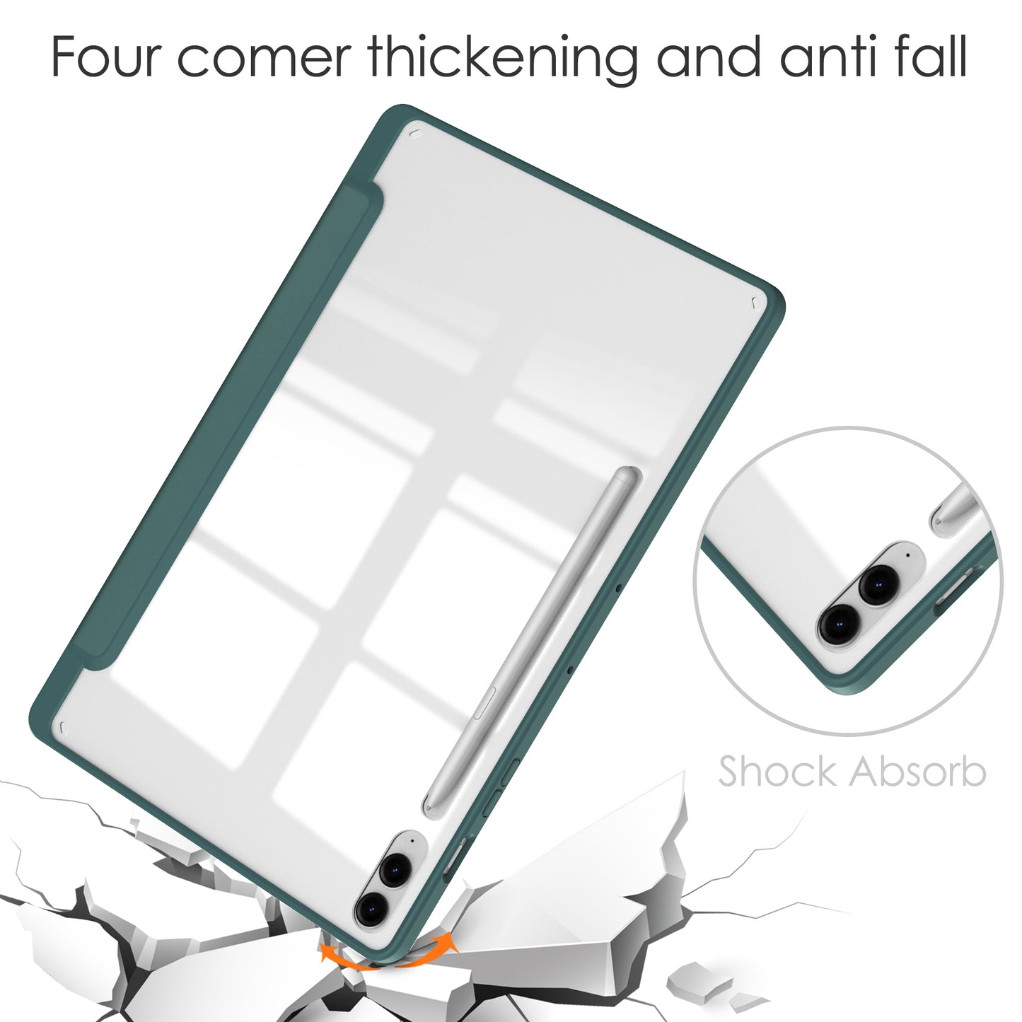 For Samsung Galaxy Tab S9 FE+ Clear Case Pen Slot Tablet Tri-fold Stand Cover - Green