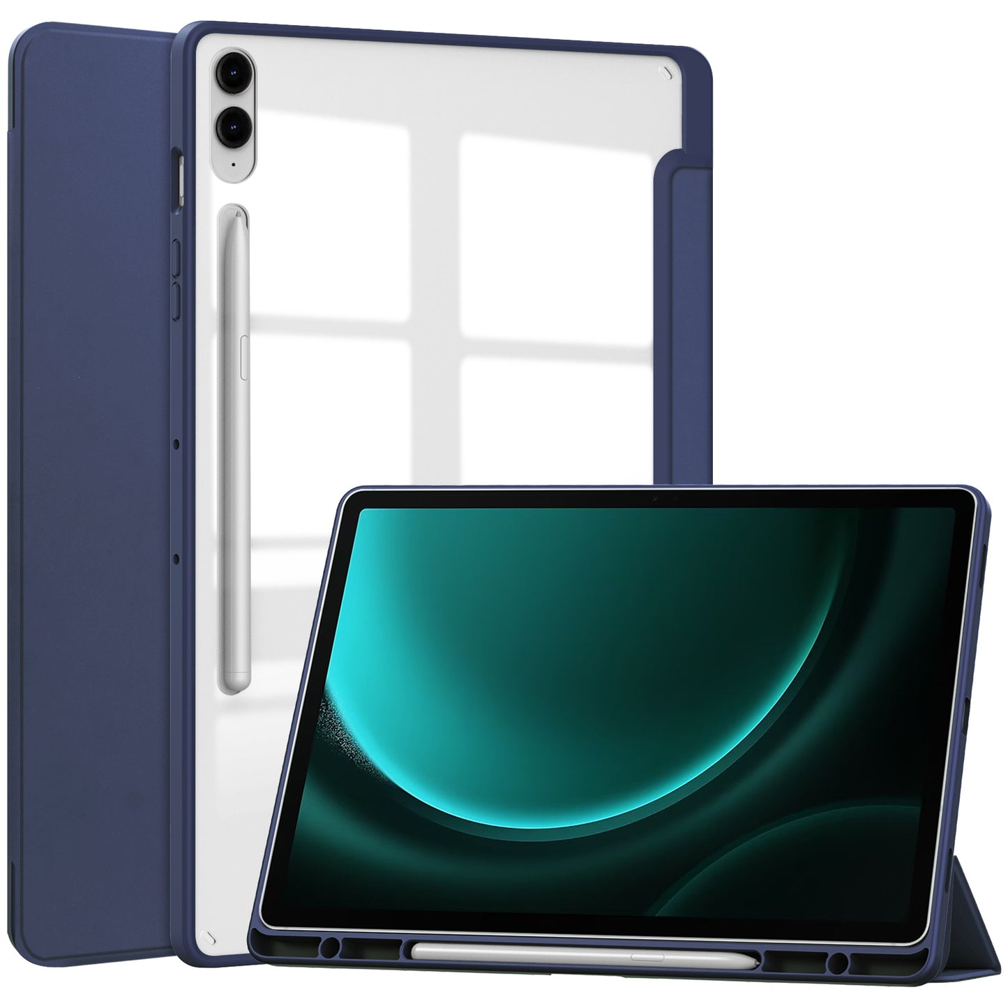 For Samsung Galaxy Tab S9 FE+ Clear Case Pen Slot Tablet Tri-fold Stand Cover - Dark Blue