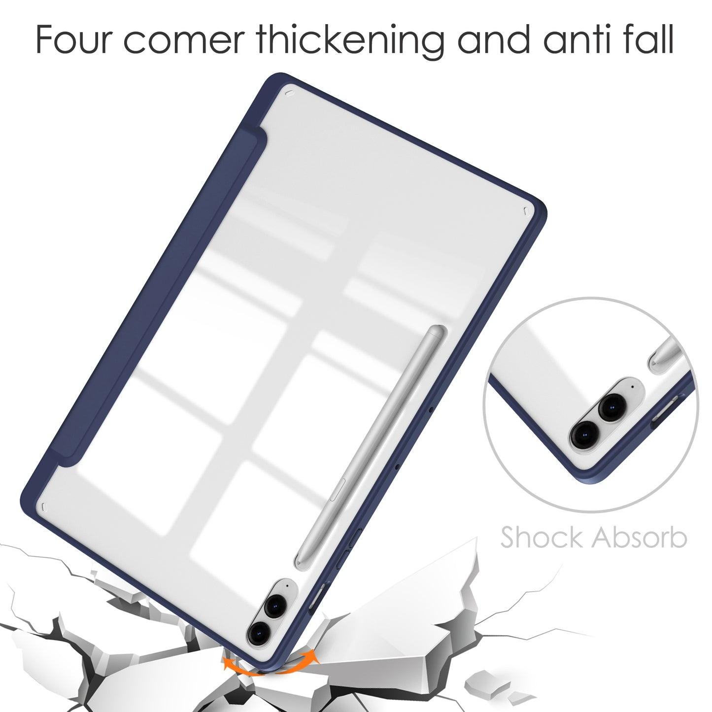 For Samsung Galaxy Tab S9 FE+ Clear Case Pen Slot Tablet Tri-fold Stand Cover - Dark Blue