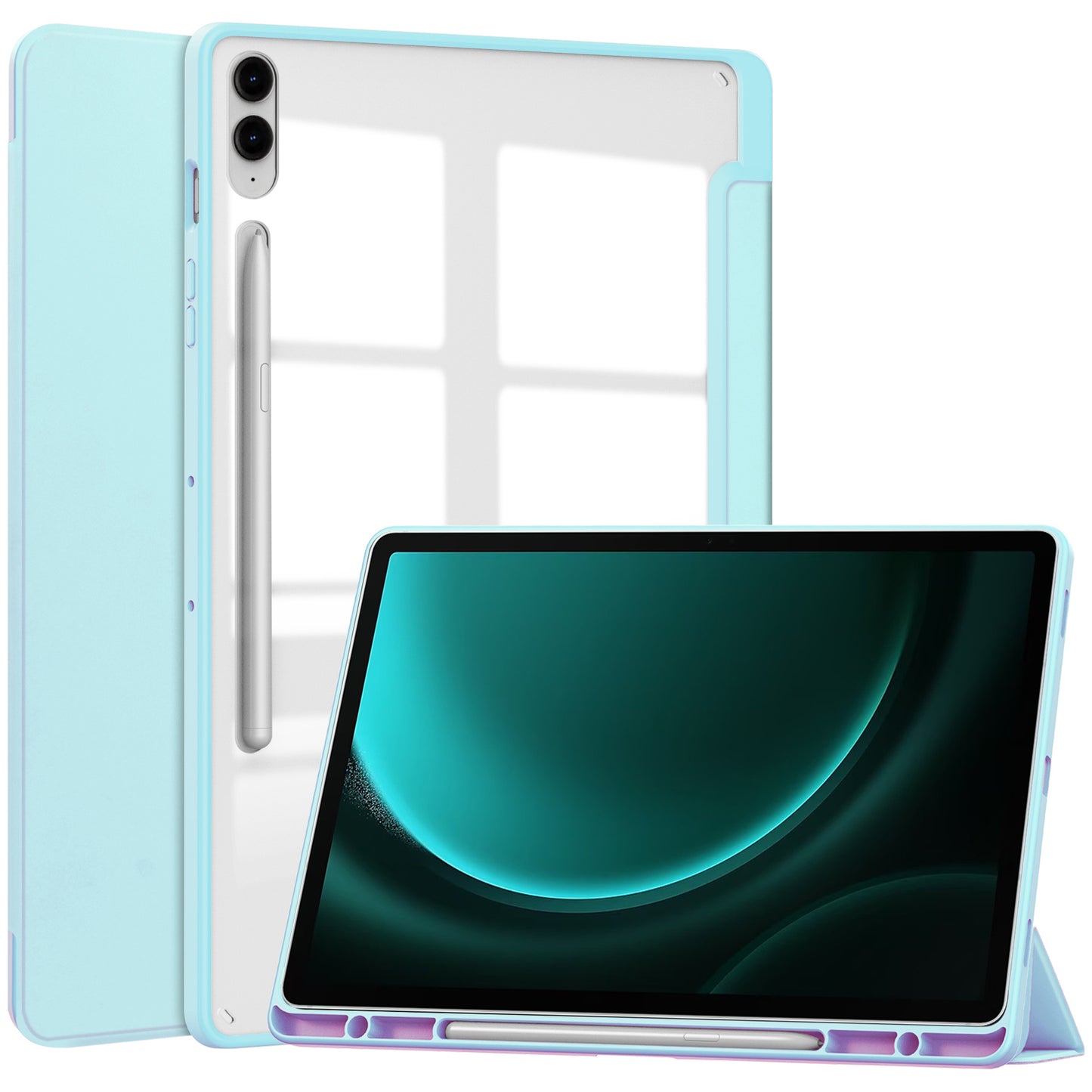 For Samsung Galaxy Tab S9 FE+ Clear Case Pen Slot Tablet Tri-fold Stand Cover - Baby Blue