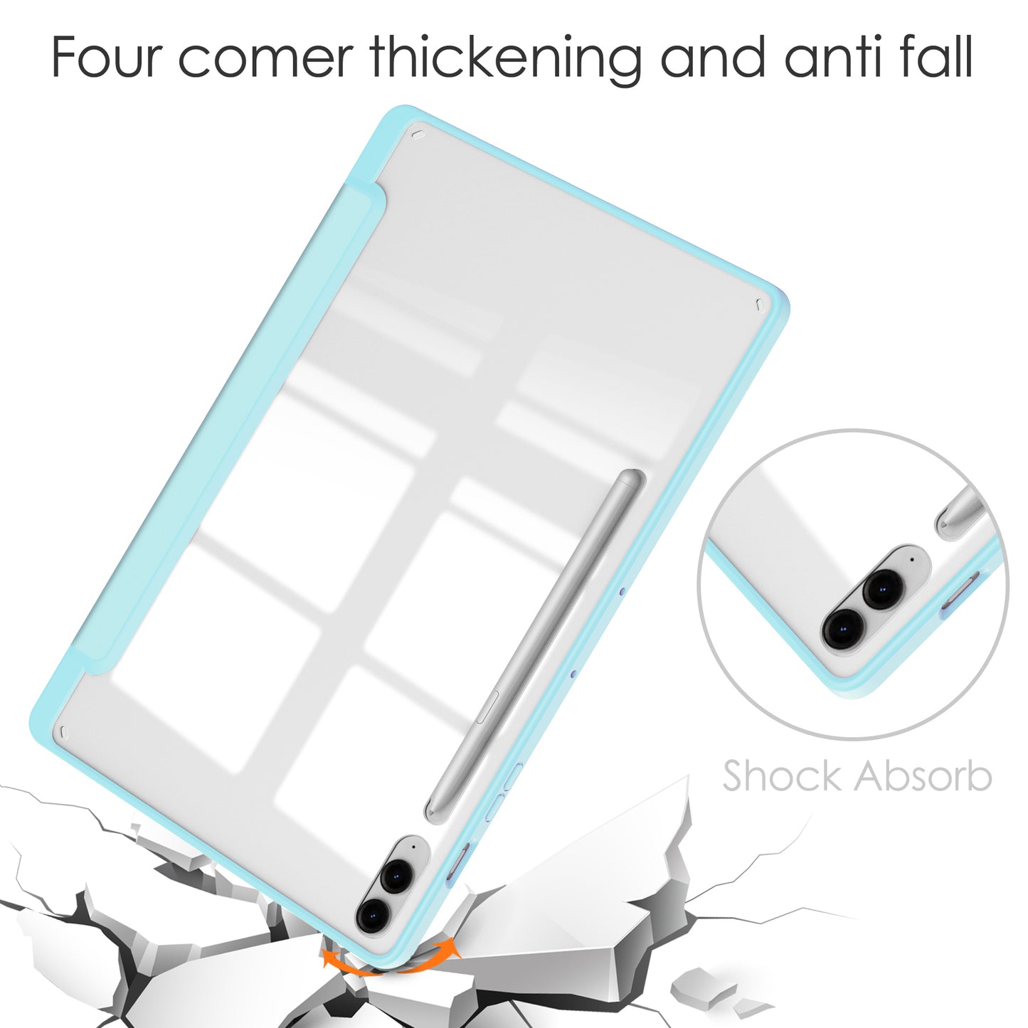 For Samsung Galaxy Tab S9 FE+ Clear Case Pen Slot Tablet Tri-fold Stand Cover - Baby Blue