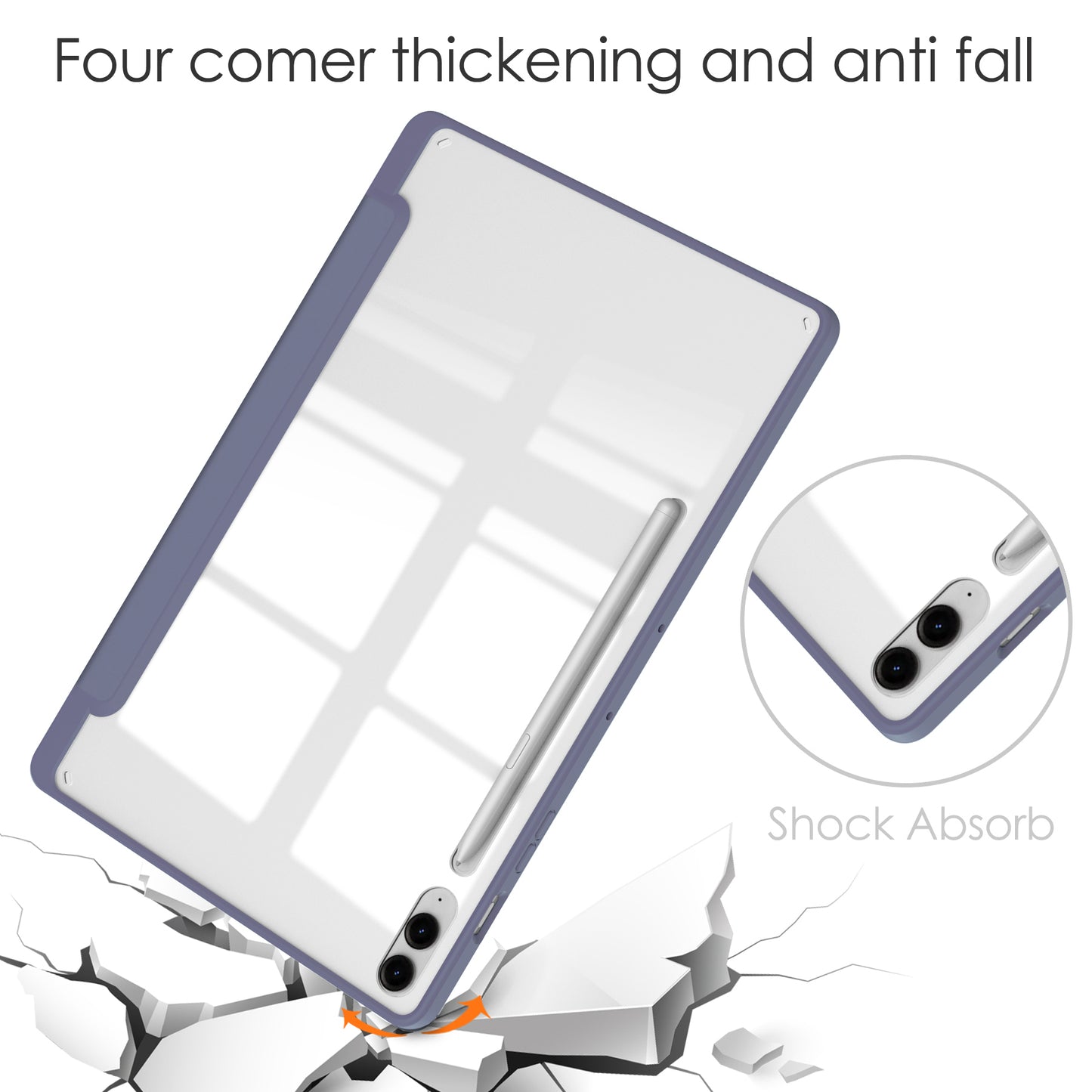 For Samsung Galaxy Tab S9 FE+ Clear Case Pen Slot Tablet Tri-fold Stand Cover - Purple