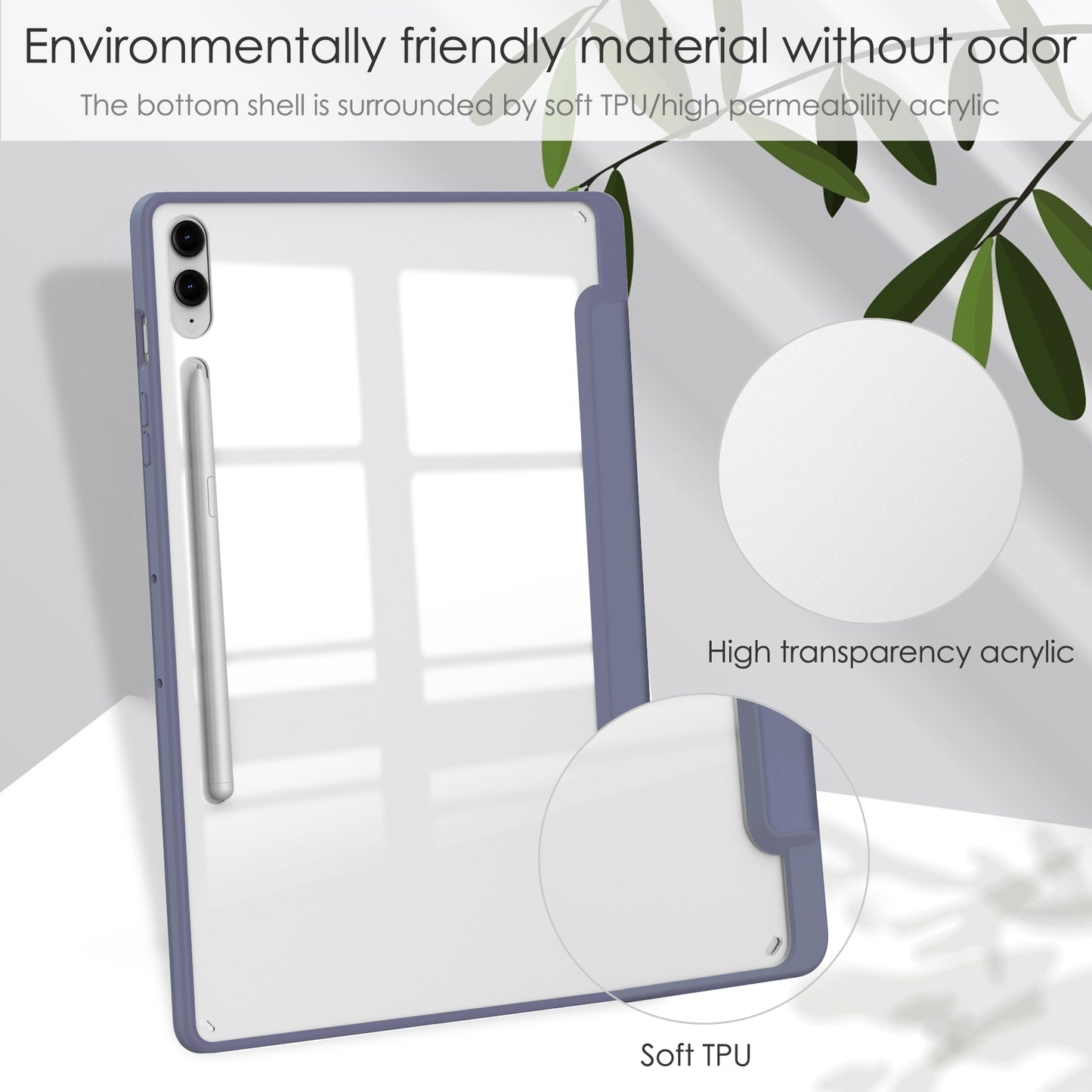 For Samsung Galaxy Tab S9 FE+ Clear Case Pen Slot Tablet Tri-fold Stand Cover - Purple