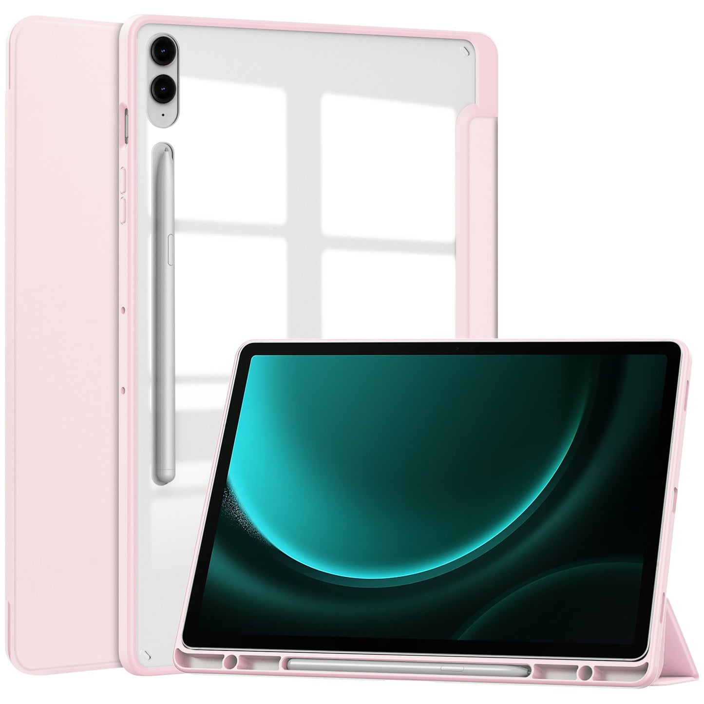 For Samsung Galaxy Tab S9 FE+ Clear Case Pen Slot Tablet Tri-fold Stand Cover - Pink