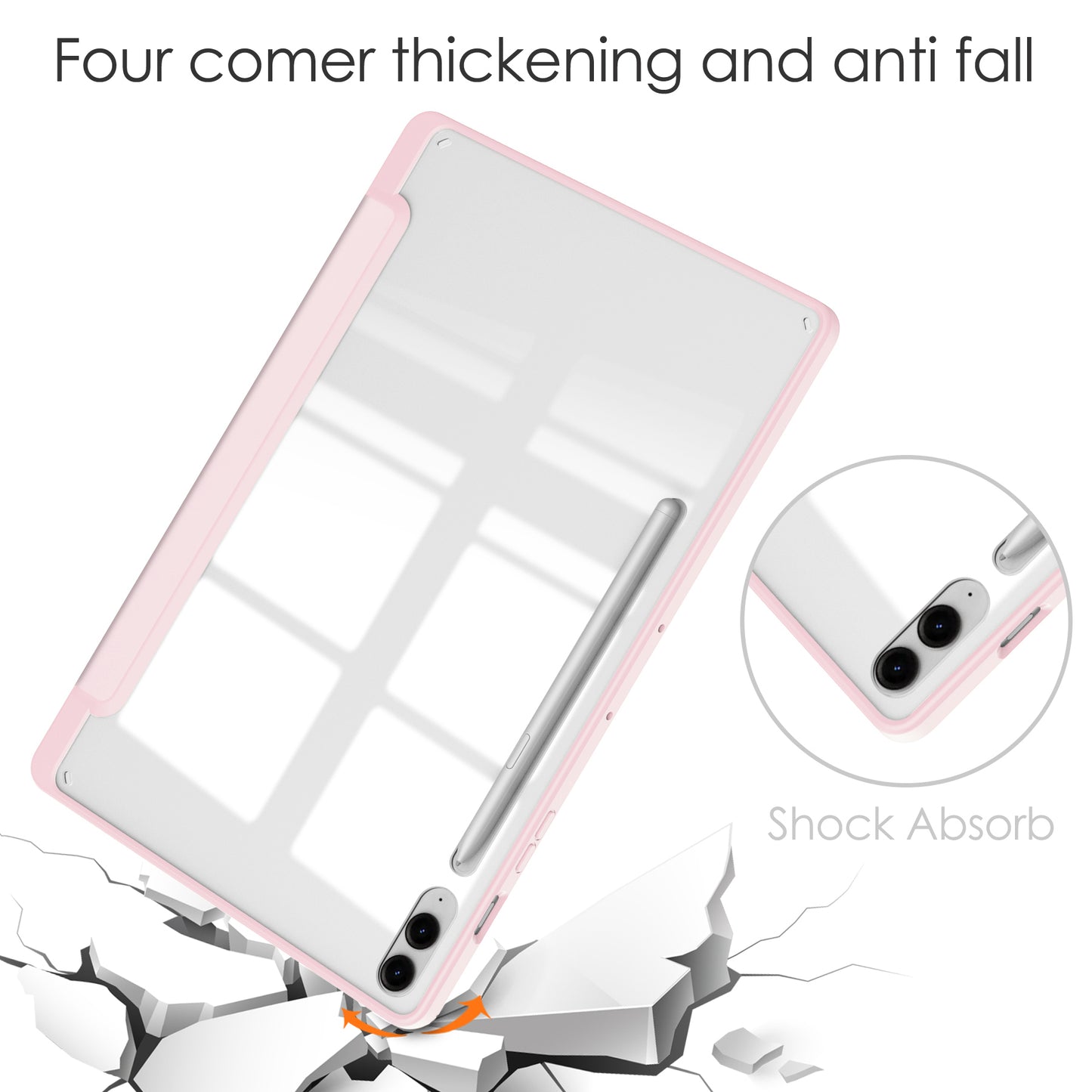 For Samsung Galaxy Tab S9 FE+ Clear Case Pen Slot Tablet Tri-fold Stand Cover - Pink