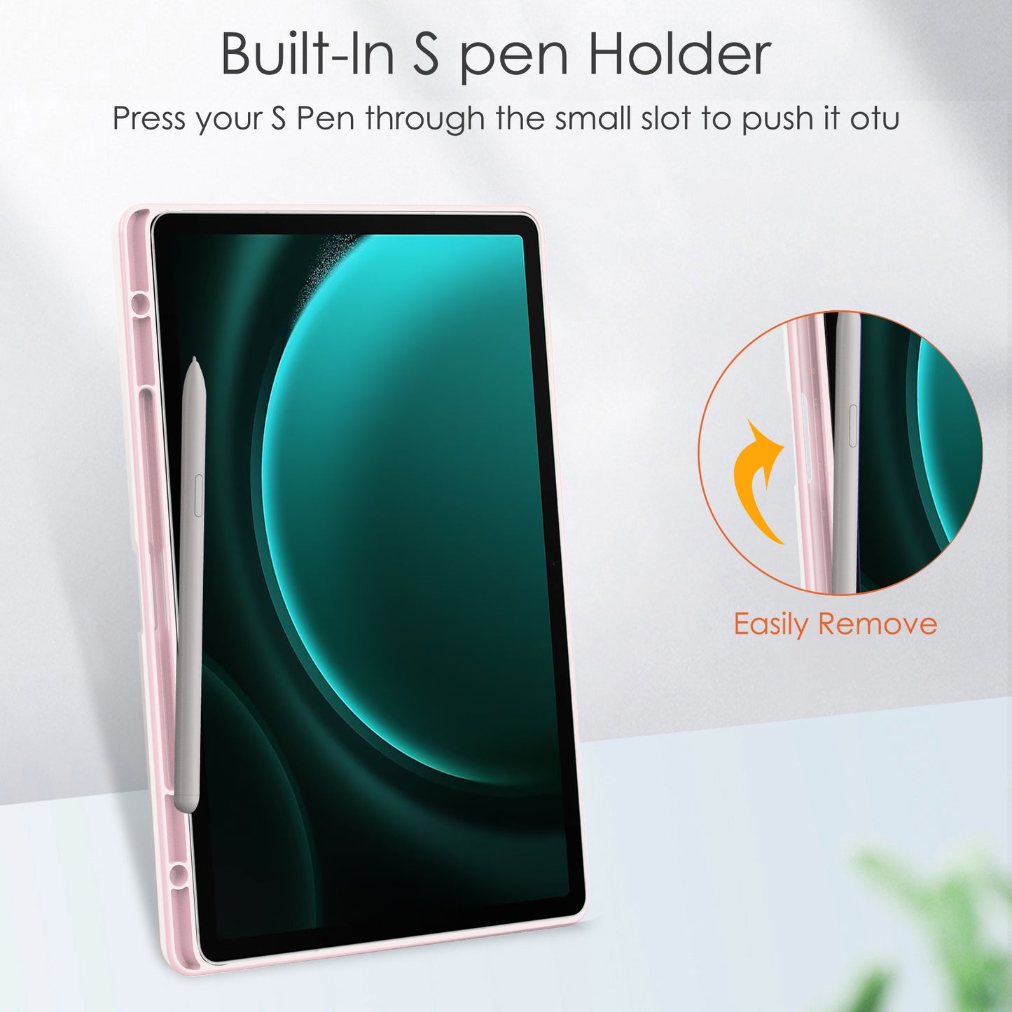 For Samsung Galaxy Tab S9 FE+ Clear Case Pen Slot Tablet Tri-fold Stand Cover - Pink