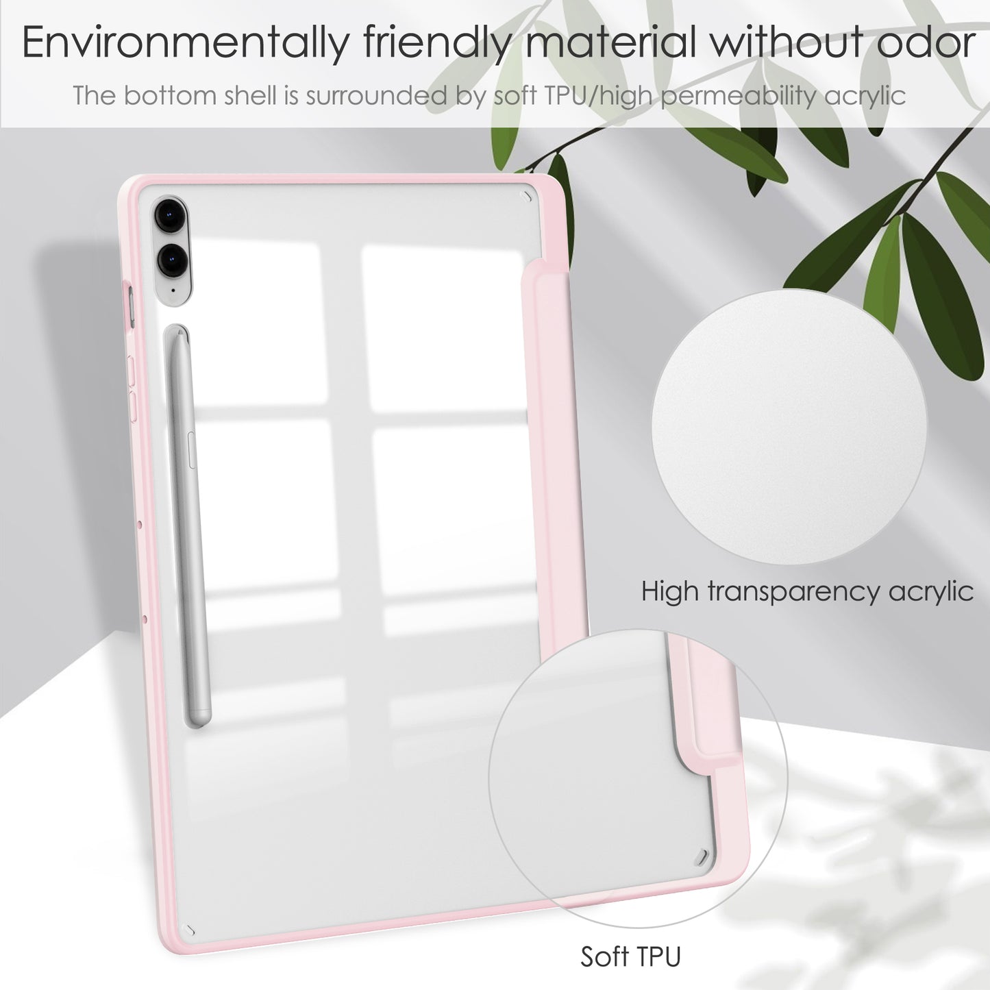 For Samsung Galaxy Tab S9 FE+ Clear Case Pen Slot Tablet Tri-fold Stand Cover - Pink