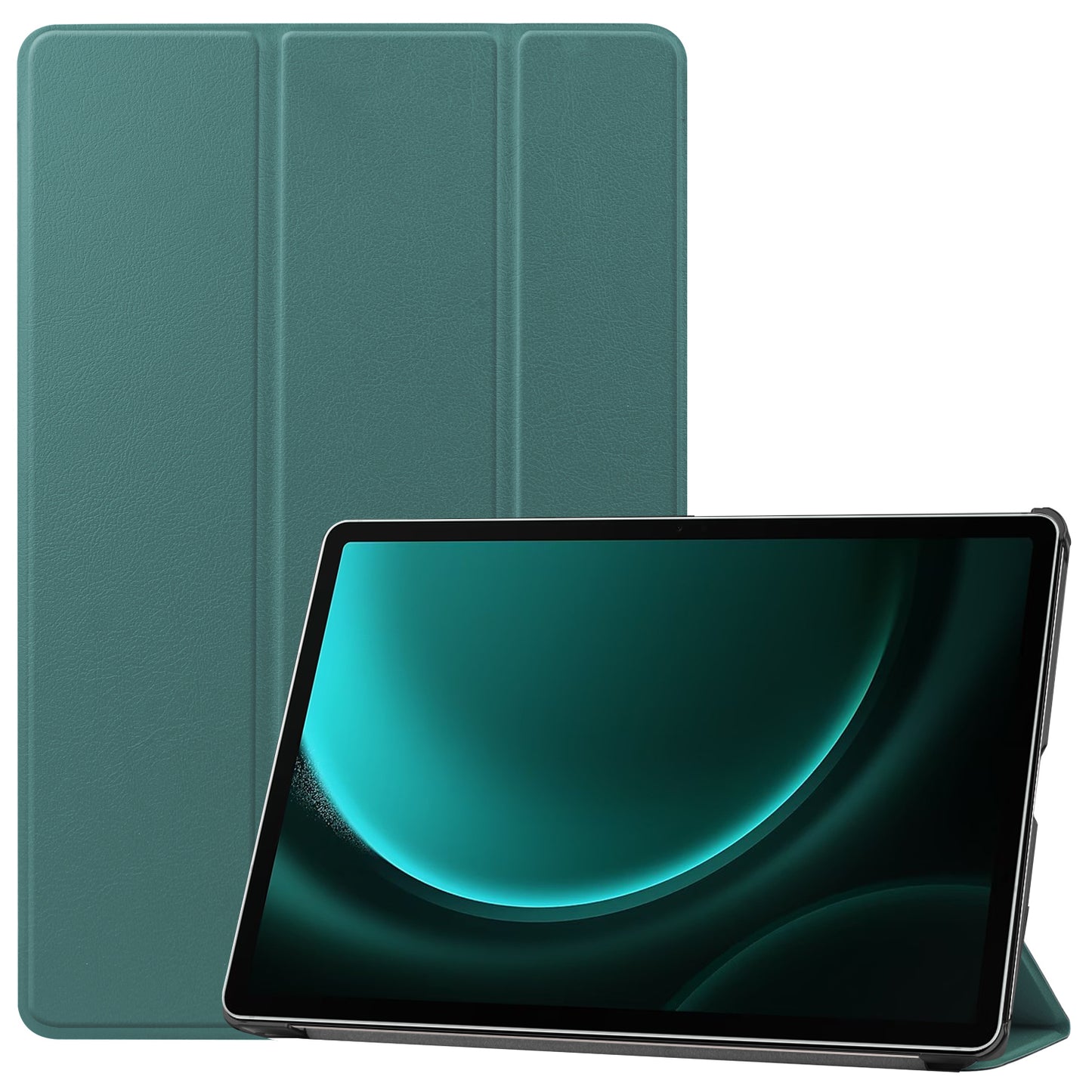 For Samsung Galaxy Tab S9 FE+ Leather Case Tablet Cover with Tri-fold Stand - Blackish Green