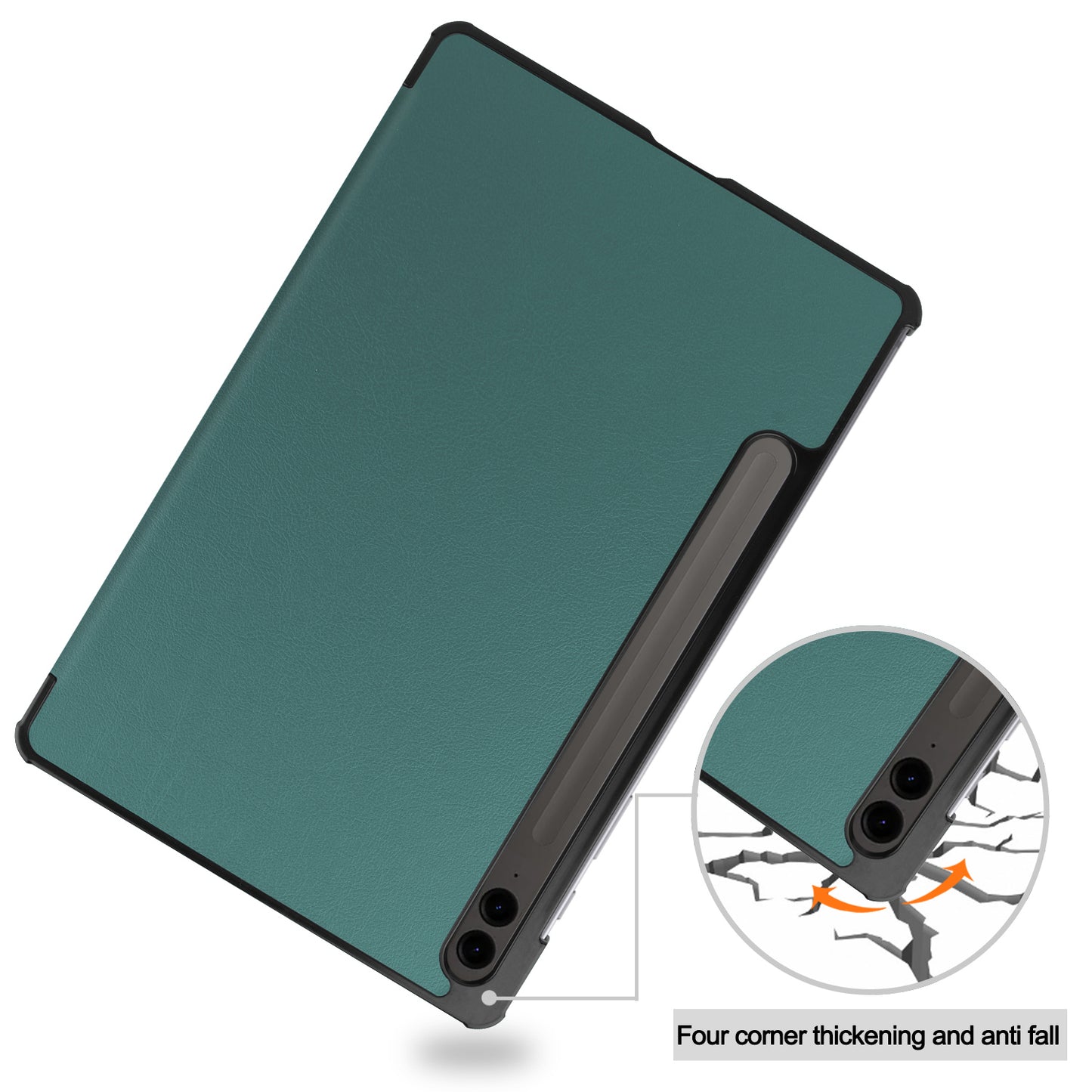 For Samsung Galaxy Tab S9 FE+ Leather Case Tablet Cover with Tri-fold Stand - Blackish Green