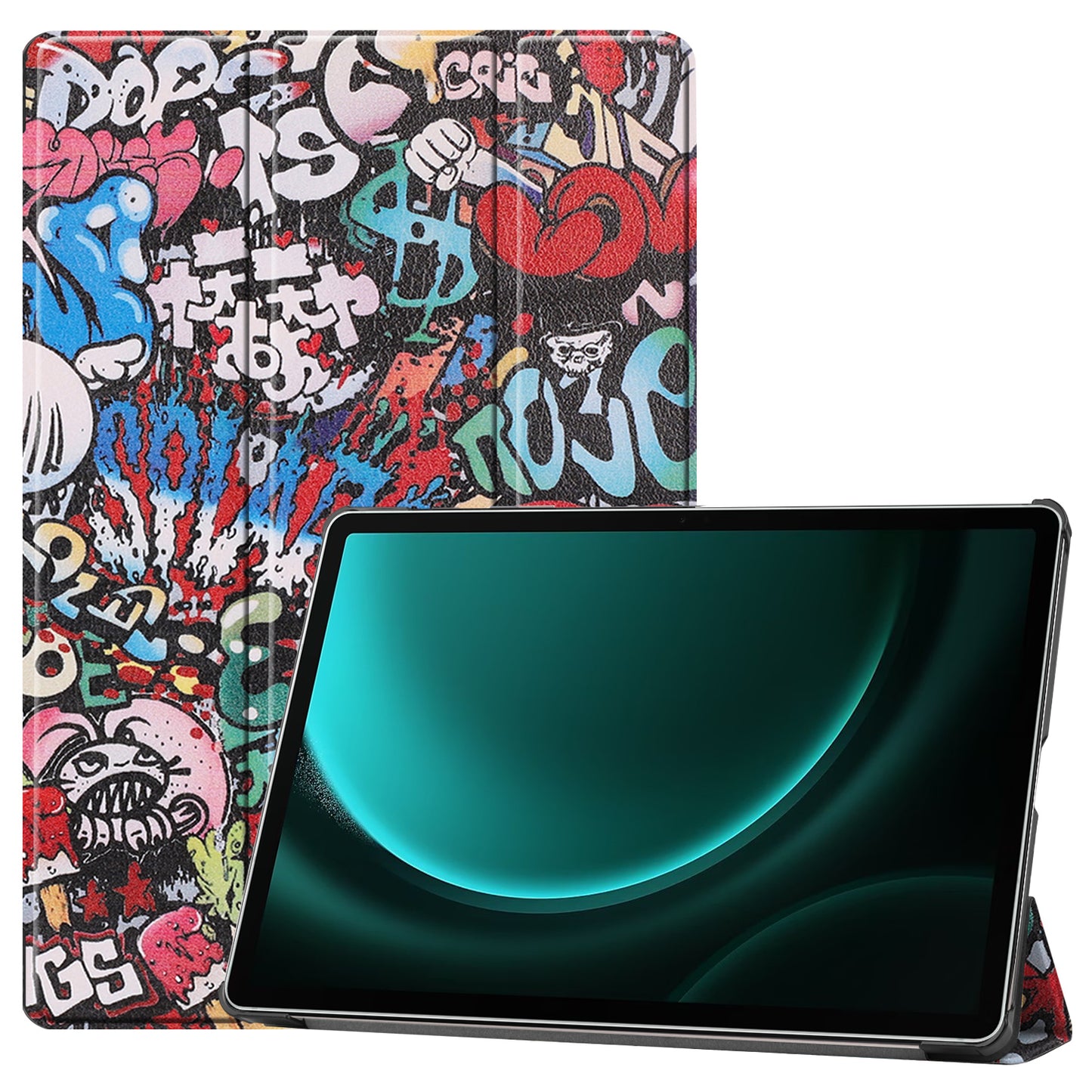For Samsung Galaxy Tab S9 FE+ Case Tri-fold Stand PU Leather Tablet Cover - Graffiti