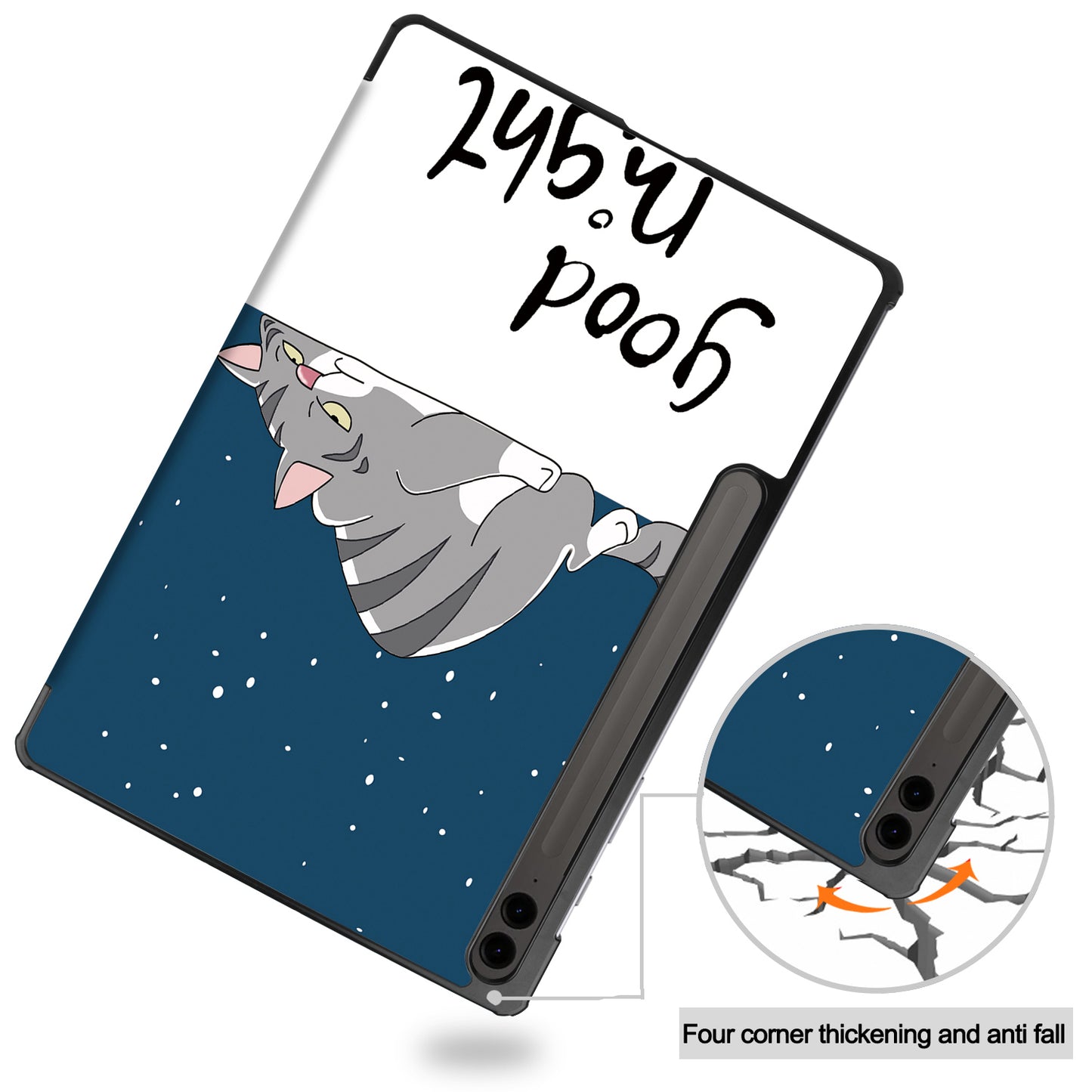 For Samsung Galaxy Tab S9 FE+ Case Tri-fold Stand PU Leather Tablet Cover - Cat