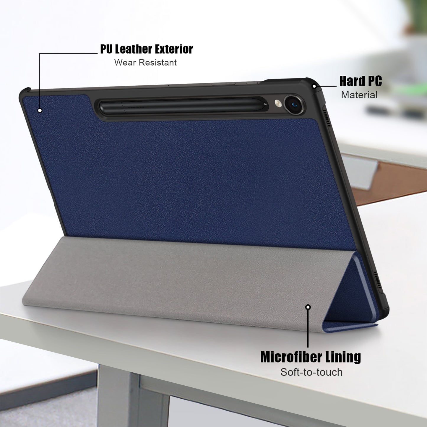 For Samsung Galaxy Tab S9 FE sm-x510 sm-x516 Leather Case Trifold Stand Tablet Cover - Dark Blue