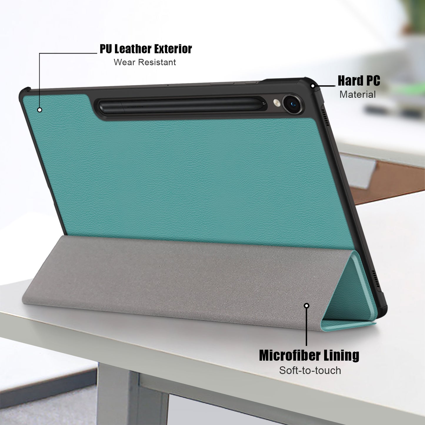 For Samsung Galaxy Tab S9 FE sm-x510 sm-x516 Leather Case Trifold Stand Tablet Cover - Blackish Green