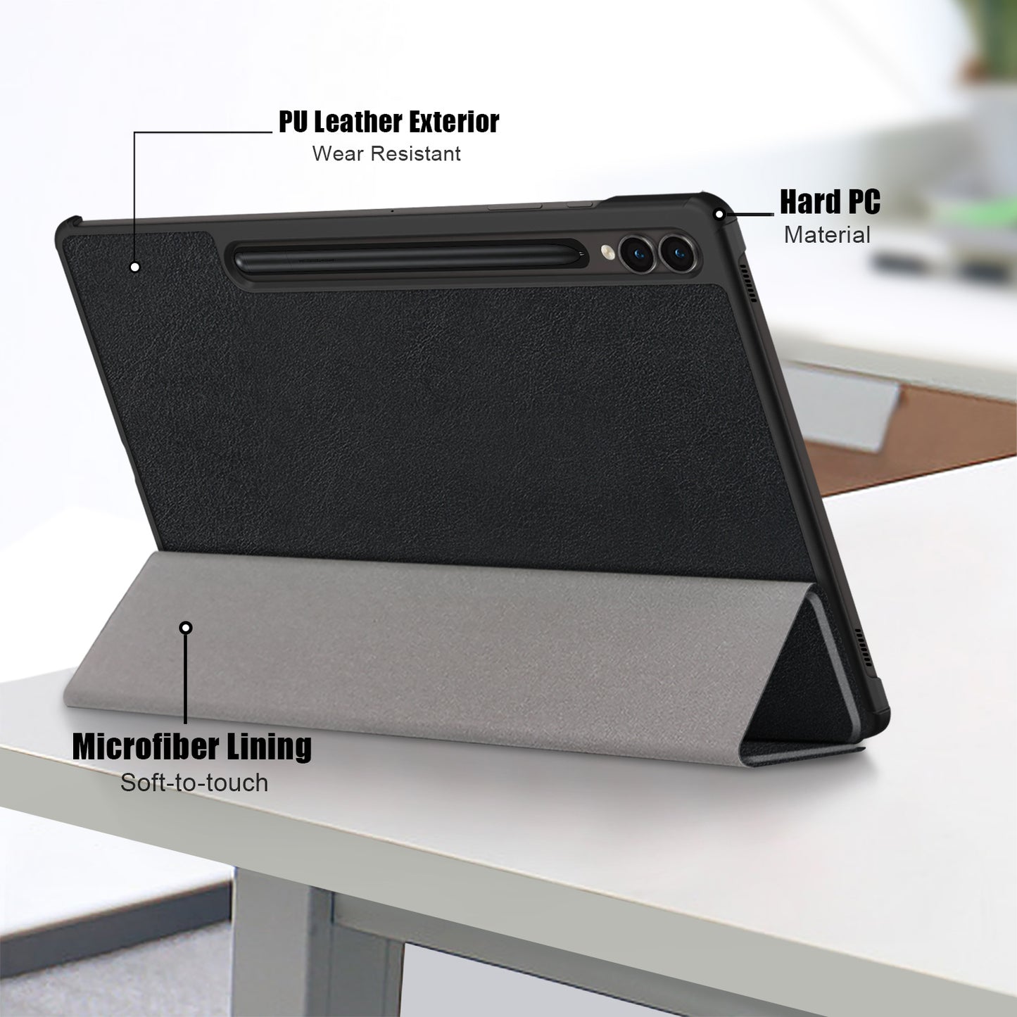 For Samsung Galaxy Tab S9 FE+ SM-x610 / SM-616 Case Leather Tablet Cover with Trifold Stand - Black