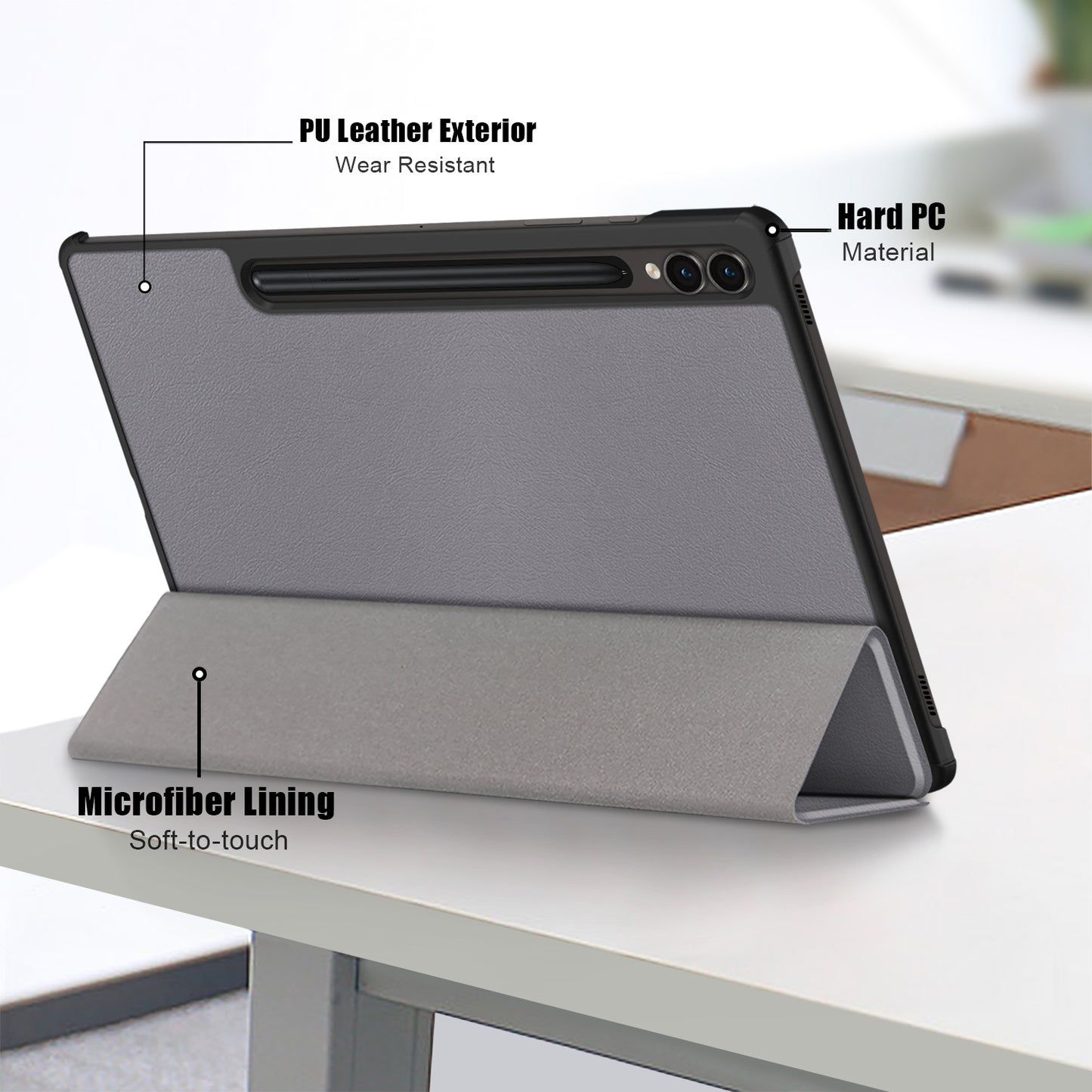 For Samsung Galaxy Tab S9 FE+ SM-x610 / SM-616 Case Leather Tablet Cover with Trifold Stand - Grey