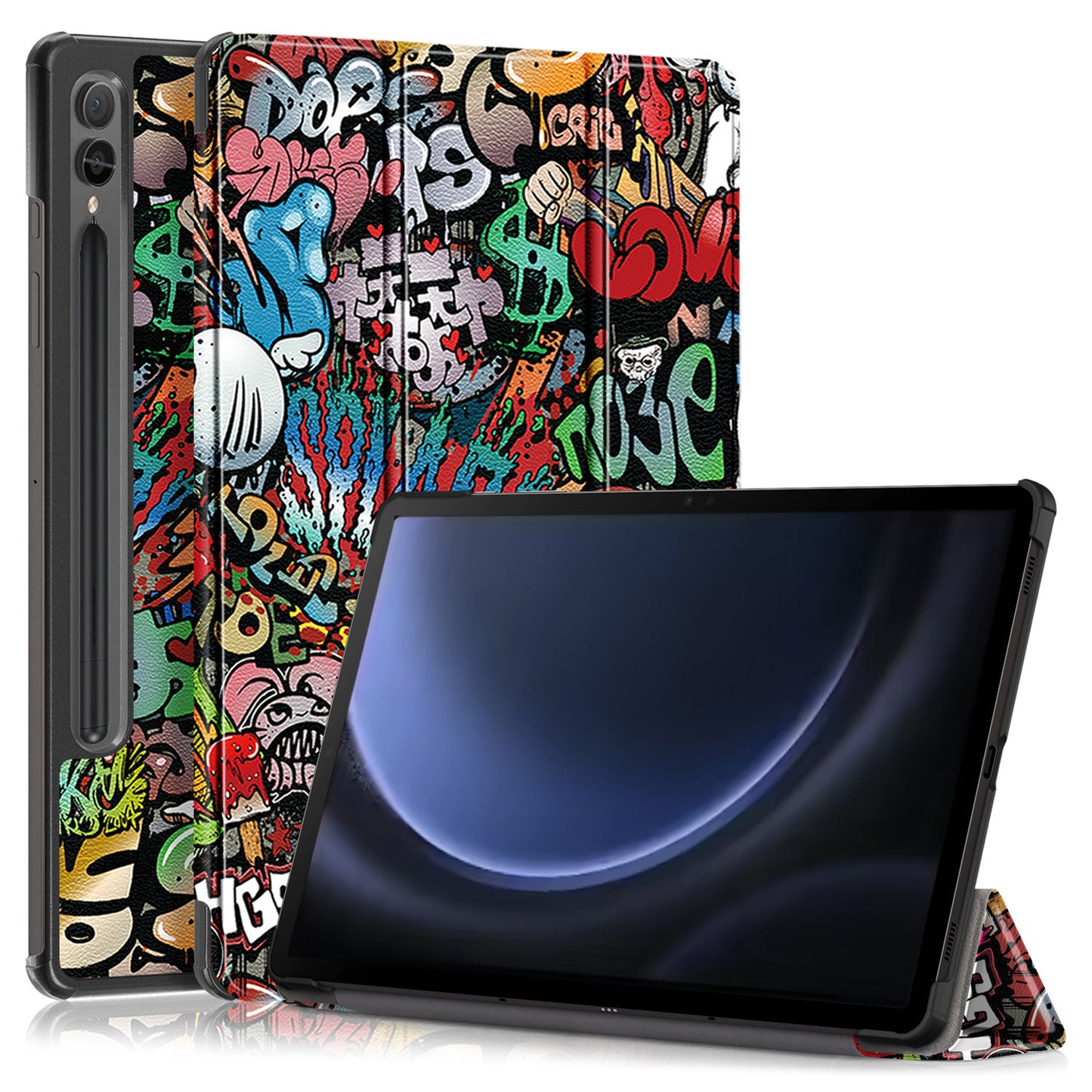 For Samsung Galaxy Tab S9 FE+ SM-x610 / SM-616 Case Tri-fold Stand Leather Tablet Cover - Graffiti