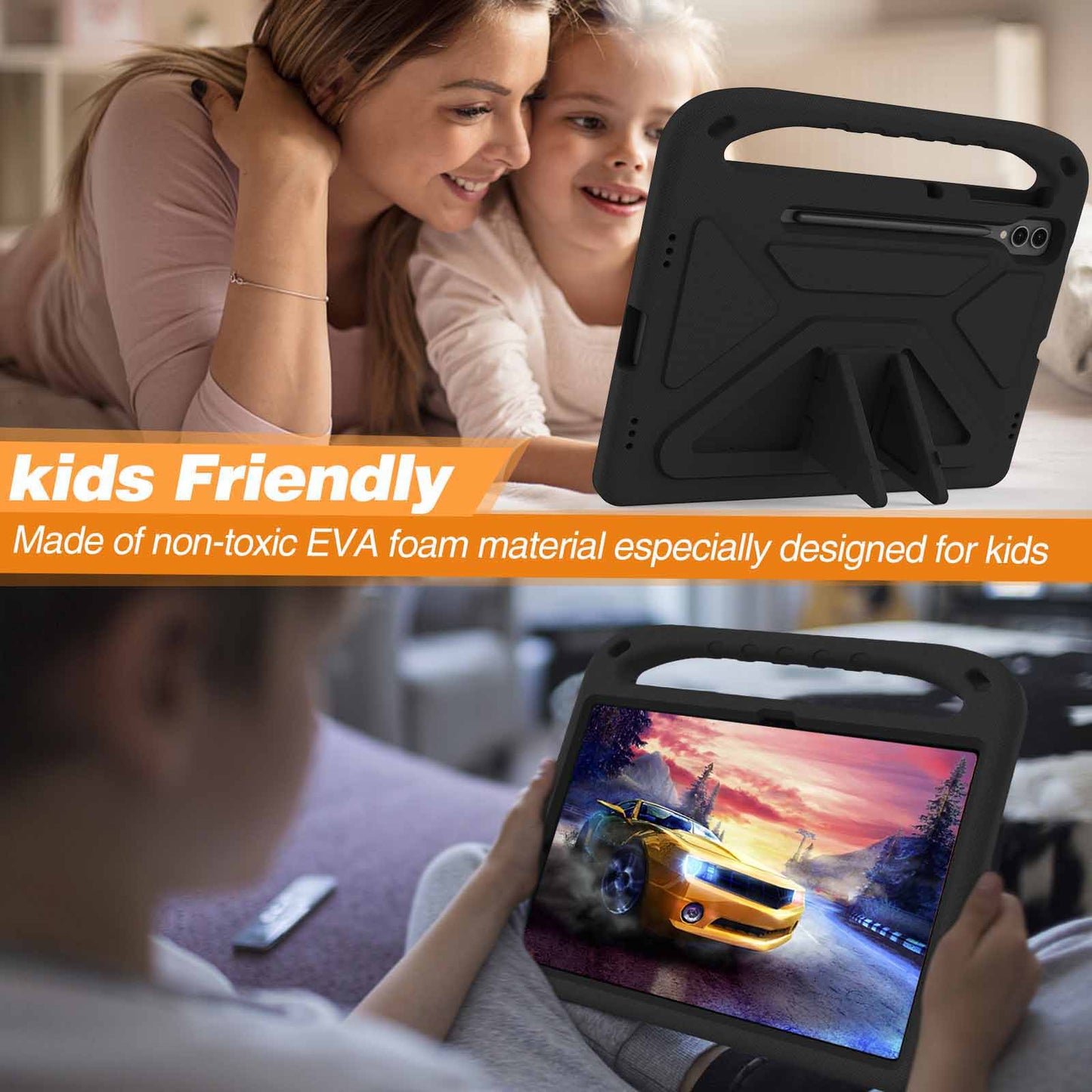 For Samsung Galaxy Tab S9 FE+ Case Hand Grip EVA Tablet Kickstand Cover - Black