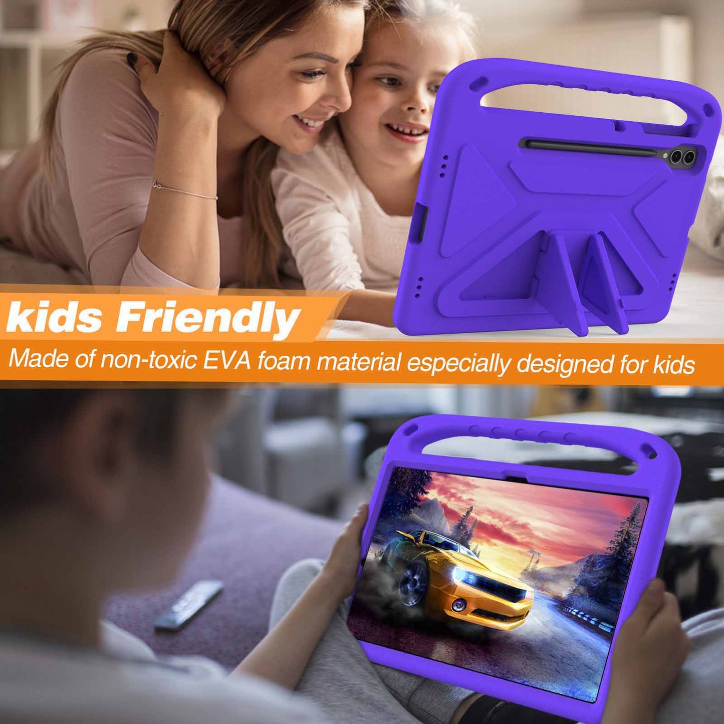 For Samsung Galaxy Tab S9 FE+ Case Hand Grip EVA Tablet Kickstand Cover - Purple