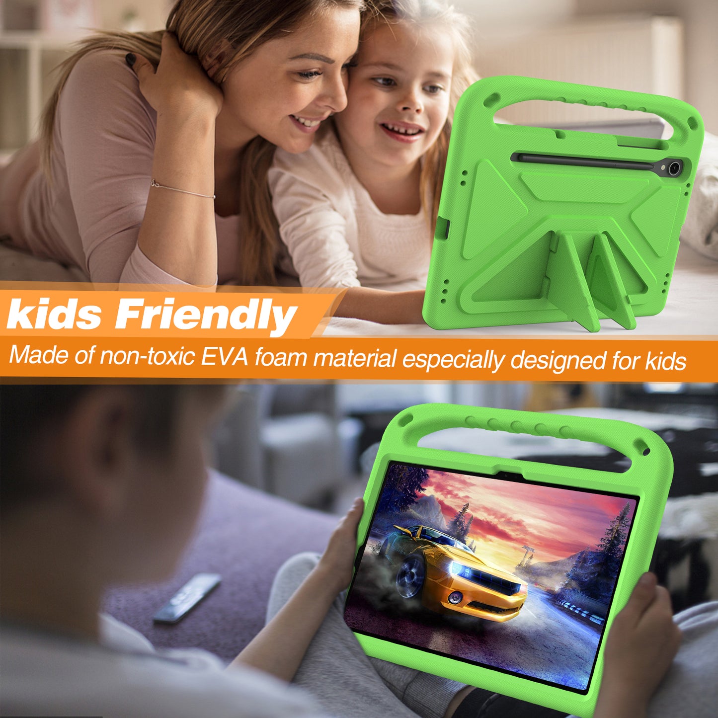 For Samsung Galaxy Tab S9 FE Case Kickstand EVA Tablet Cover with Hand Grip - Green