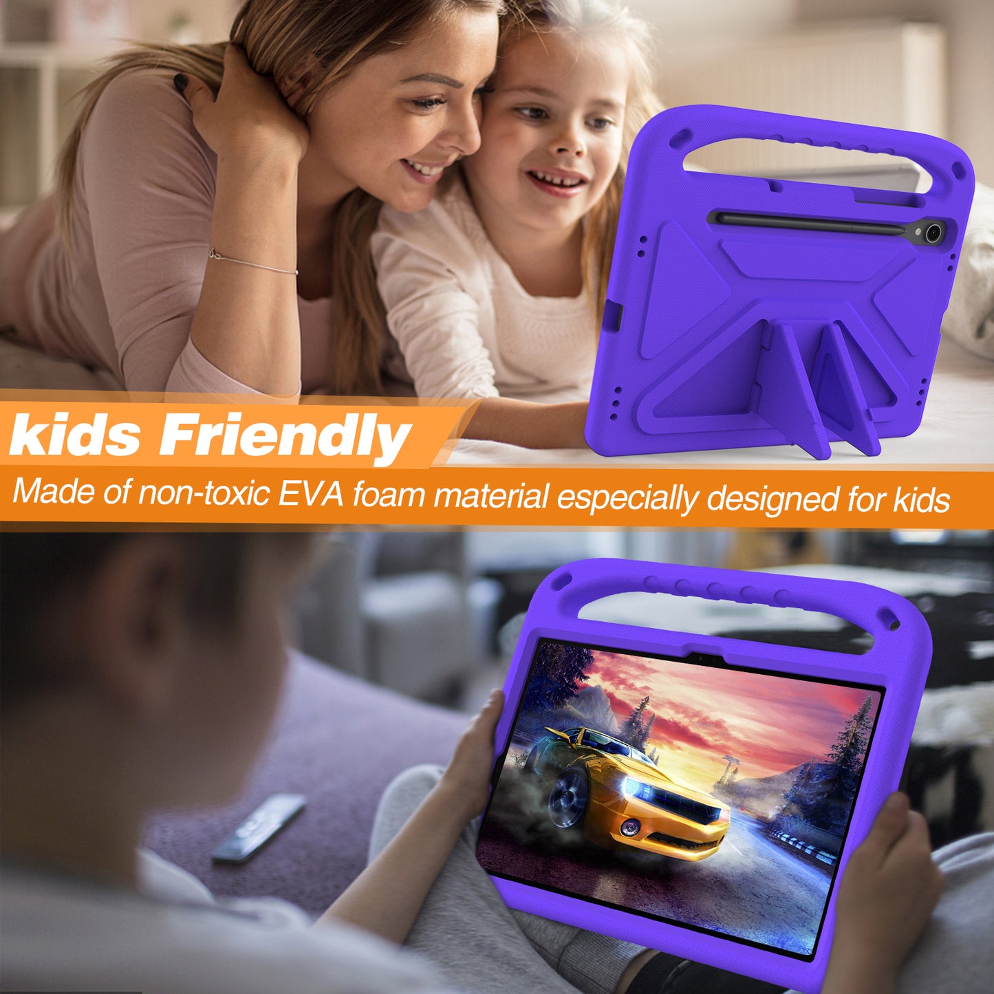 For Samsung Galaxy Tab S9 FE Case Kickstand EVA Tablet Cover with Hand Grip - Purple