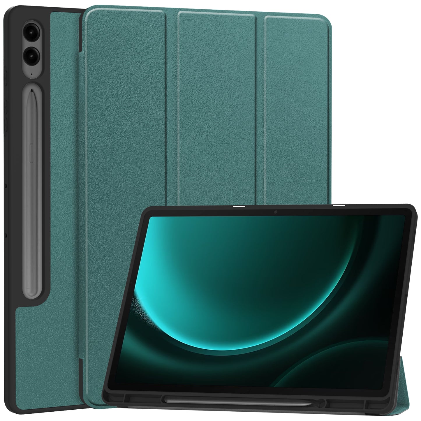 For Samsung Galaxy Tab S9 FE+ / Tab S9+ Case PU Leather+TPU Auto Sleep / Wake Tablet Cover with Pencil Holder - Blackish Green