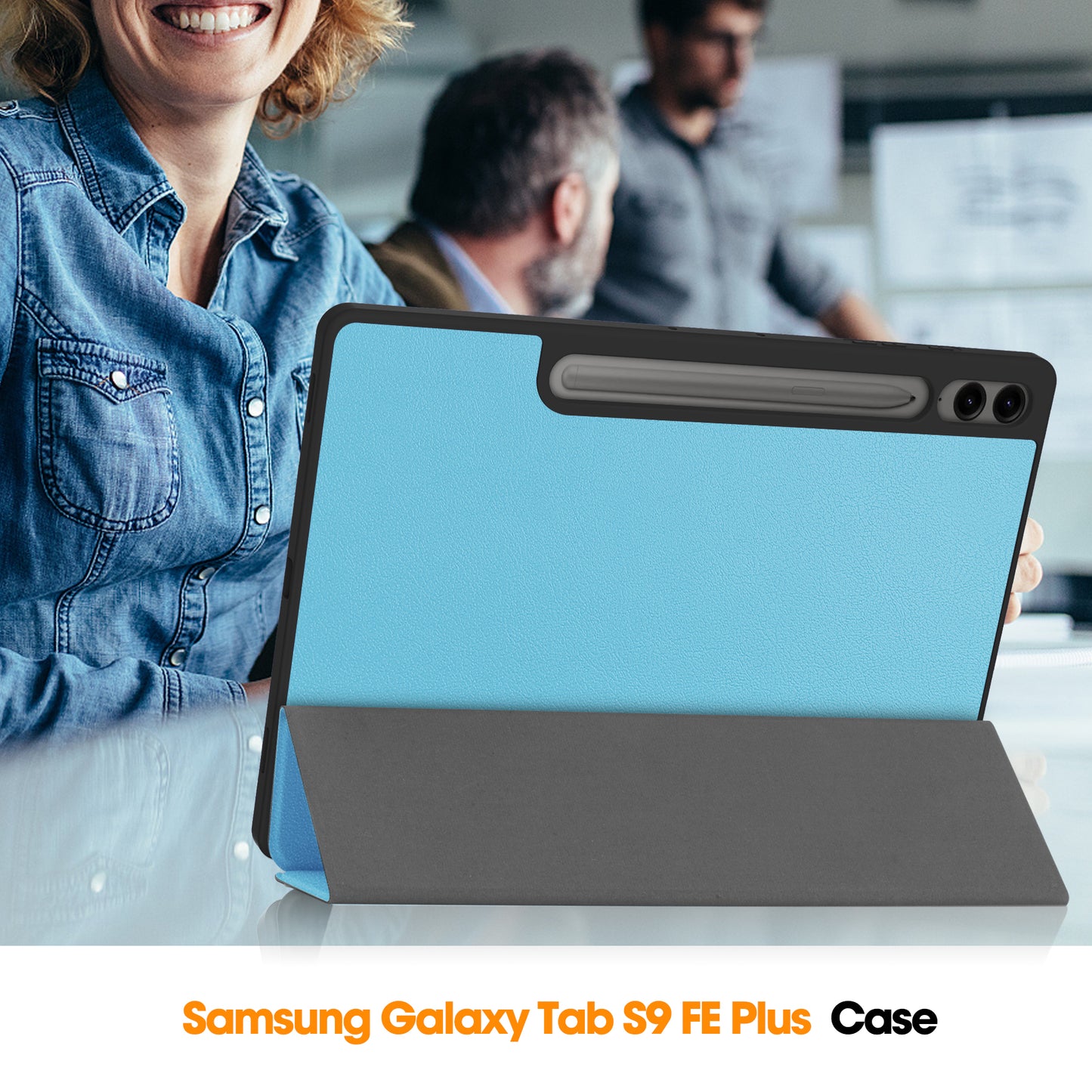 For Samsung Galaxy Tab S9 FE+ / Tab S9+ Case PU Leather+TPU Auto Sleep / Wake Tablet Cover with Pencil Holder - Sky Blue