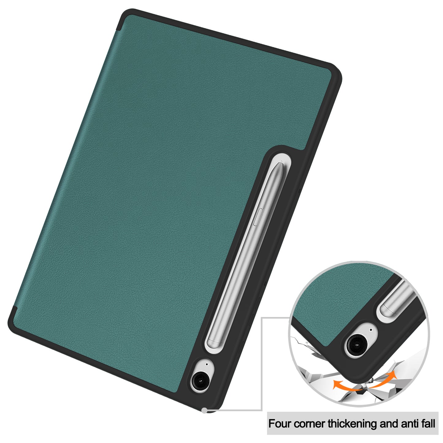 For Samsung Galaxy Tab S9 FE / Tab S9 Smart Case PU Leather+TPU Trifold Stand Tablet Cover with Pencil Holder - Blackish Green