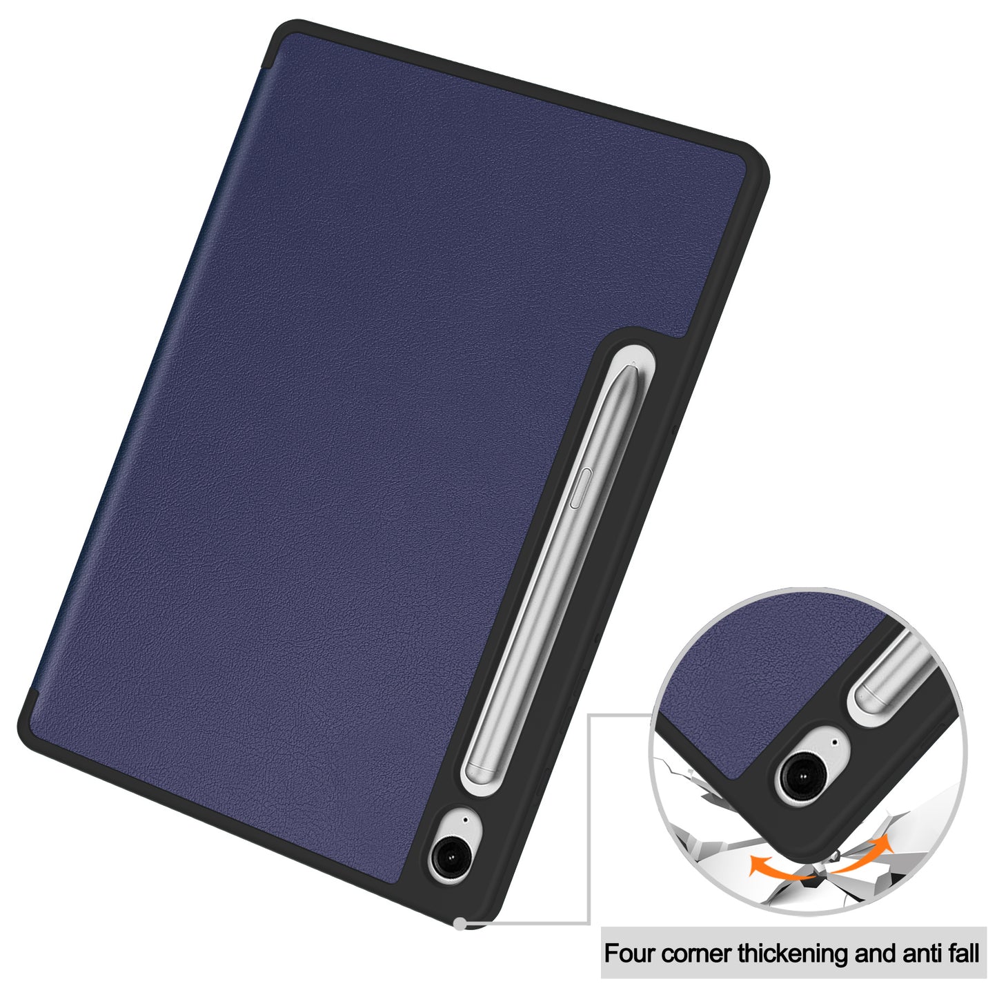 For Samsung Galaxy Tab S9 FE / Tab S9 Smart Case PU Leather+TPU Trifold Stand Tablet Cover with Pencil Holder - Dark Blue