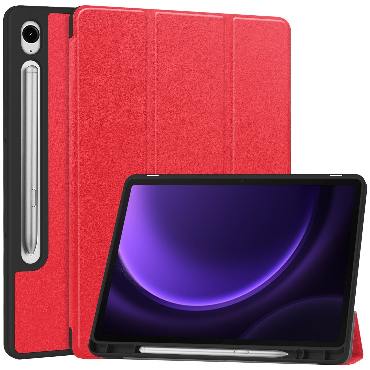 For Samsung Galaxy Tab S9 FE / Tab S9 Smart Case PU Leather+TPU Trifold Stand Tablet Cover with Pencil Holder - Red