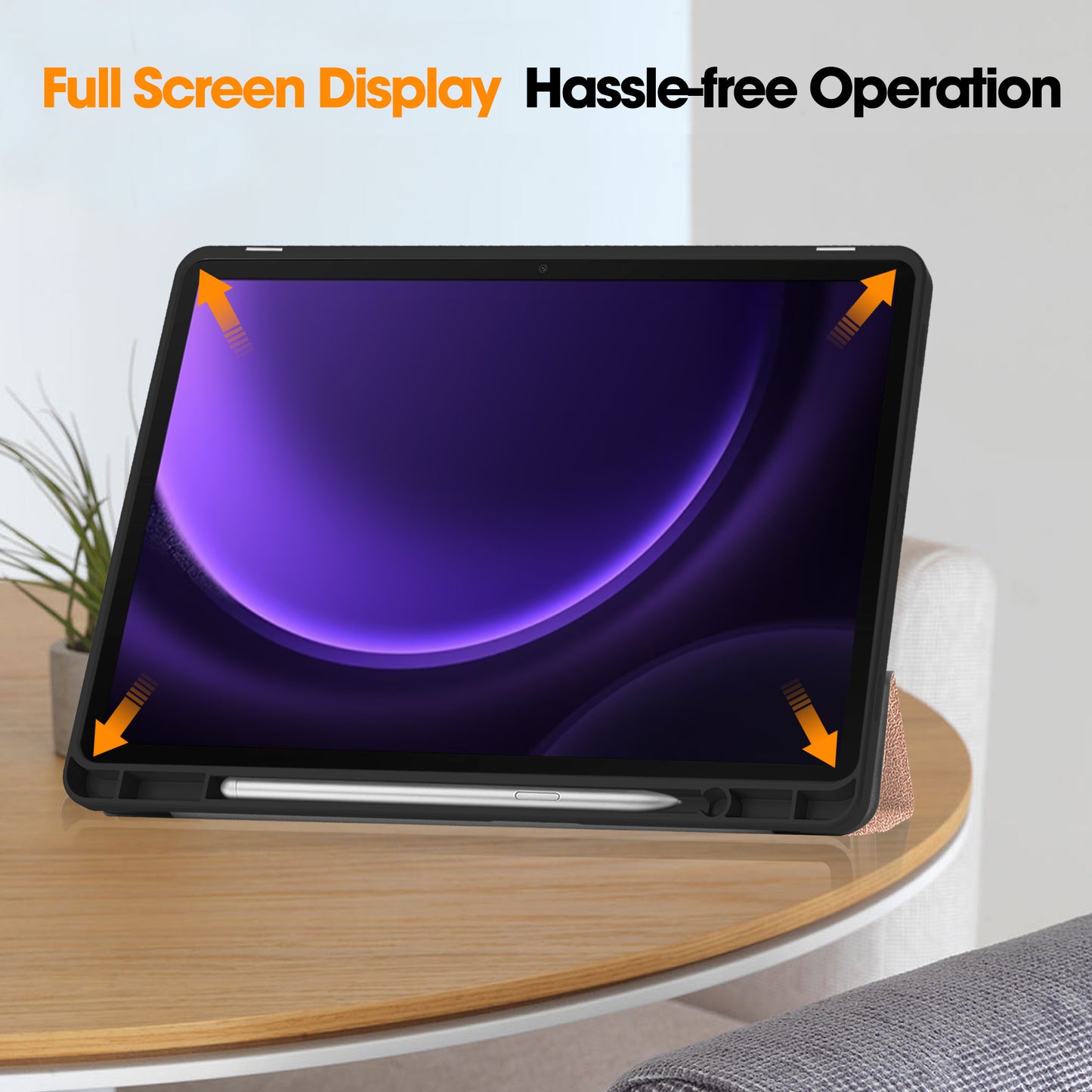 For Samsung Galaxy Tab S9 FE / Tab S9 Smart Case PU Leather+TPU Trifold Stand Tablet Cover with Pencil Holder - Rose Gold