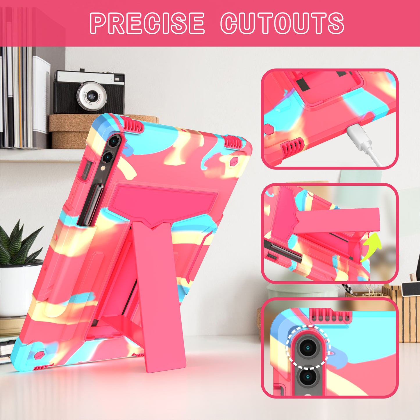 For Samsung Galaxy Tab S9+ / Tab S9 FE+ Rugged Cover T-Shaped Kickstand Protective Tablet Case - Camo Rose