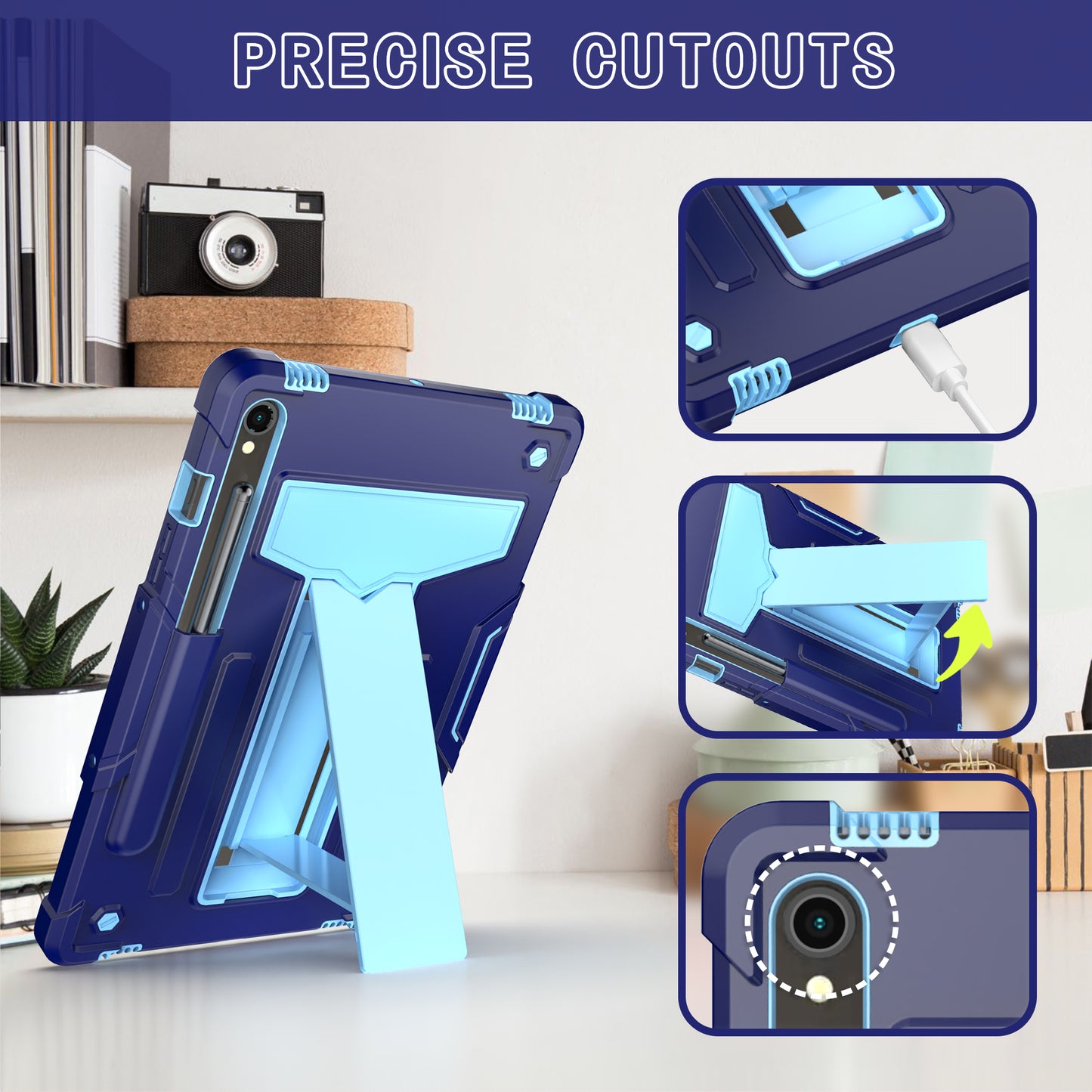 For Samsung Galaxy Tab S9 / Tab S9 FE Protective Case T-Shaped Kickstand PC+Silicone Tablet Cover - Navy Blue / Blue